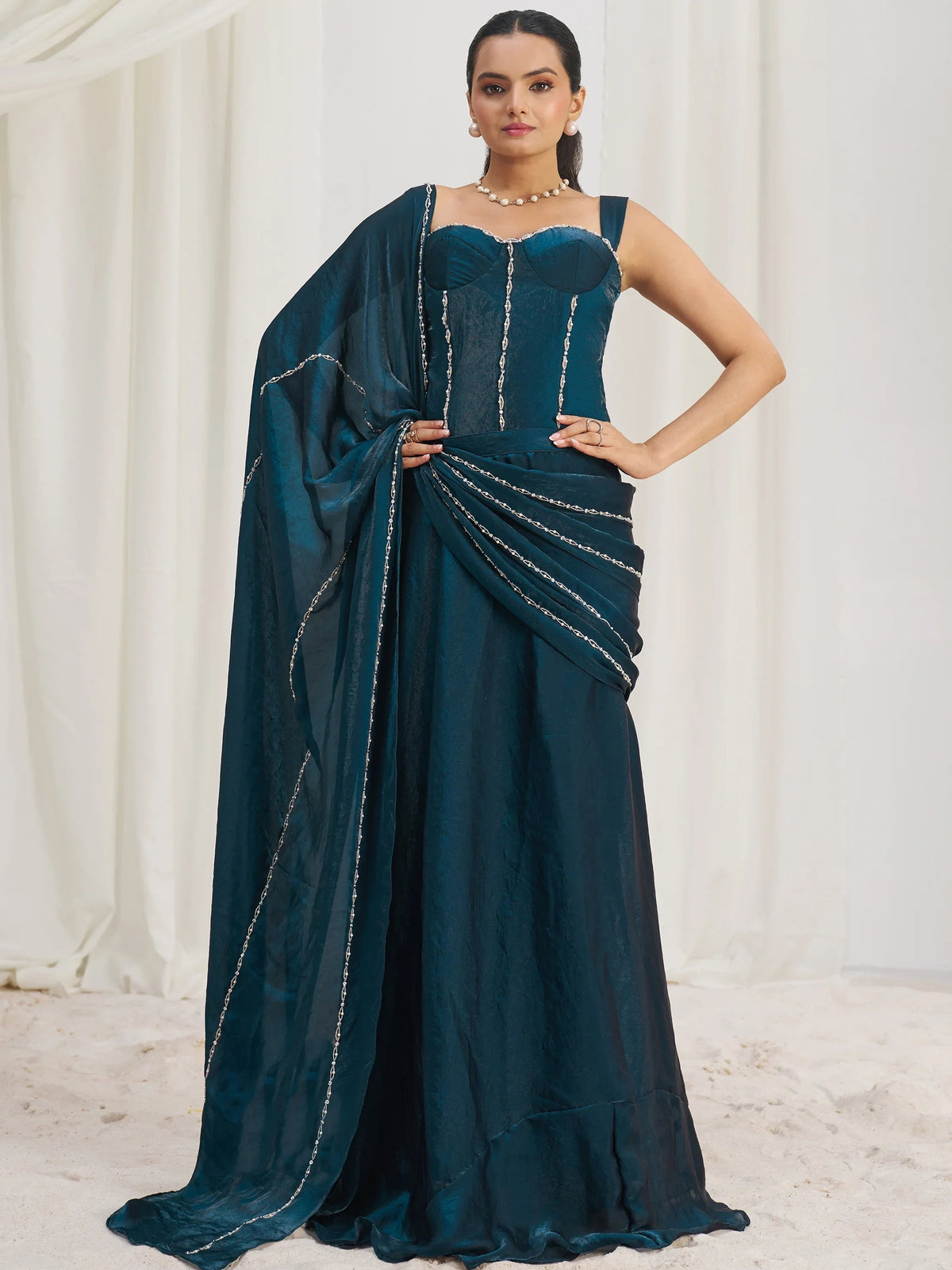 Navy Organza Pre-Stitched Ruffle Saree With Hand Work Blouse