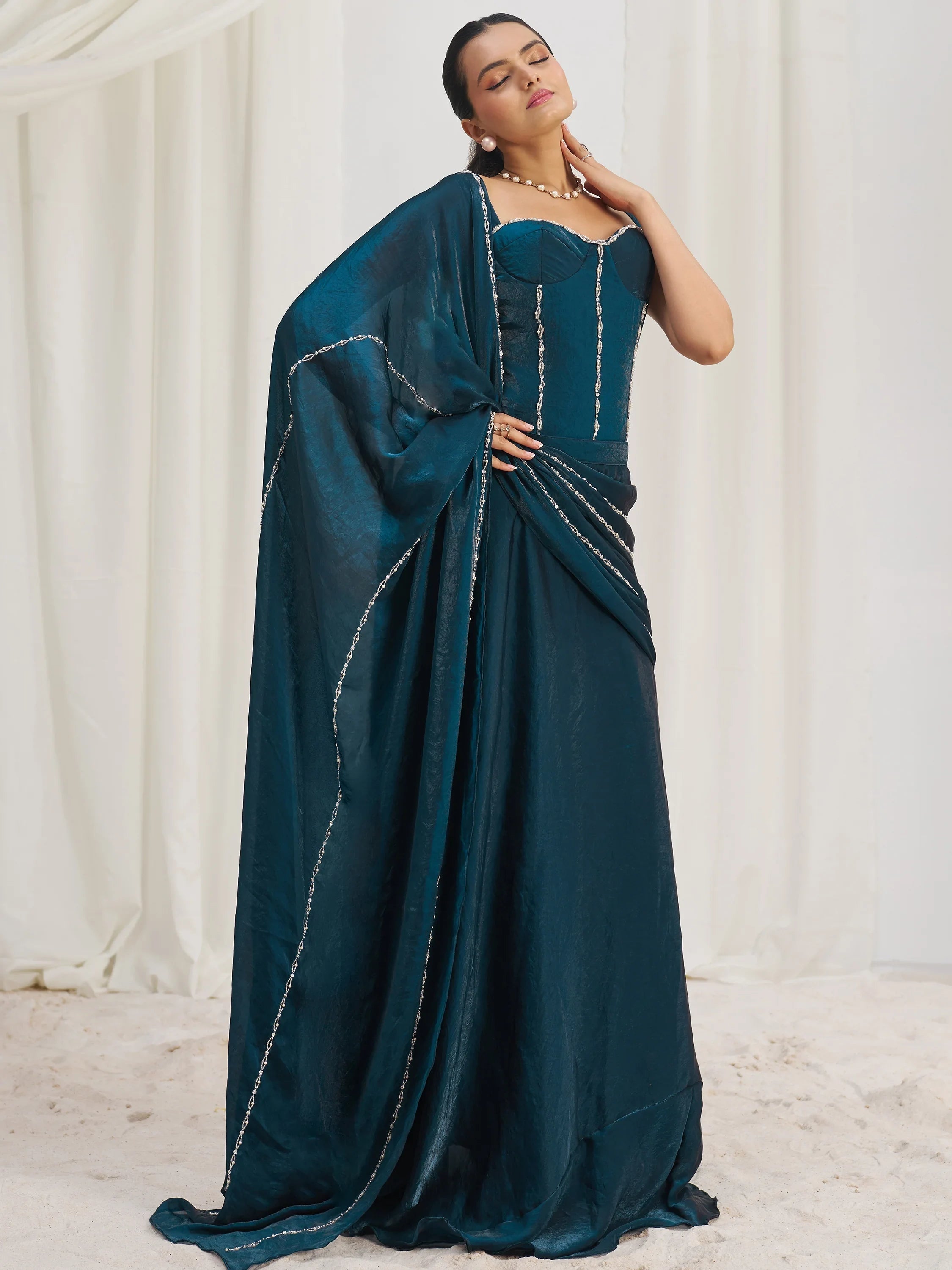 Navy Organza Pre-Stitched Ruffle Saree With Hand Work Blouse