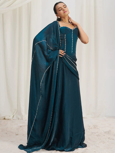 Navy Organza Pre-Stitched Ruffle Saree With Hand Work Blouse