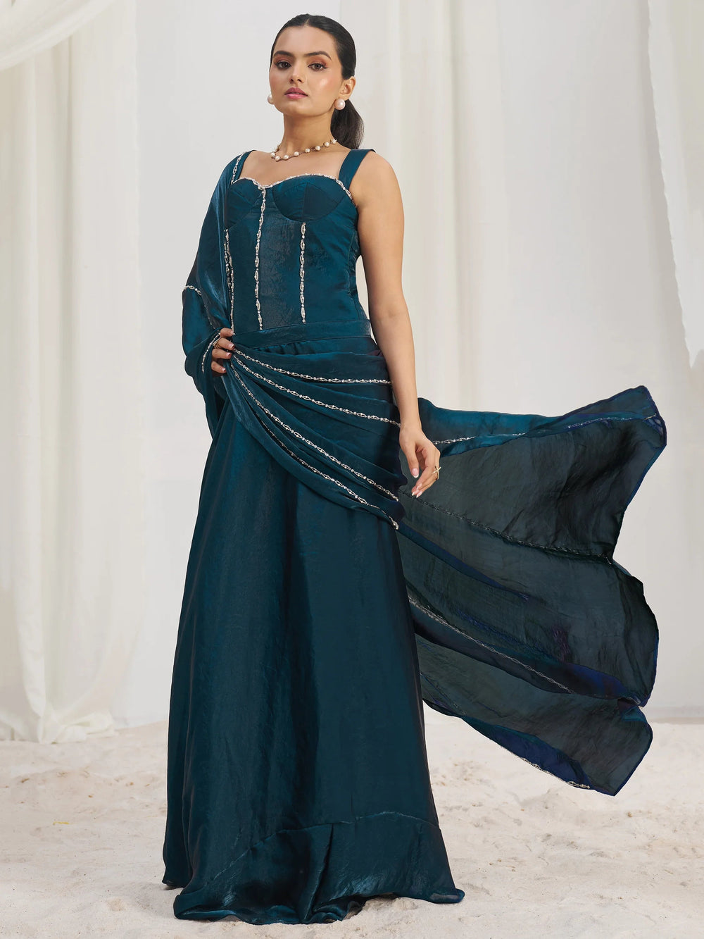 Navy Organza Pre-Stitched Ruffle Saree With Hand Work Blouse
