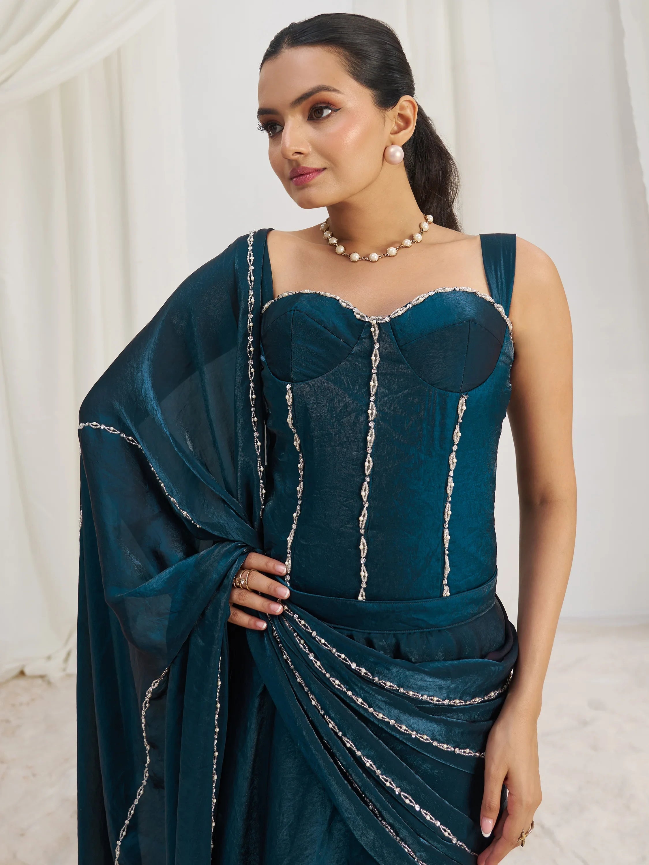 Navy Organza Pre-Stitched Ruffle Saree With Hand Work Blouse