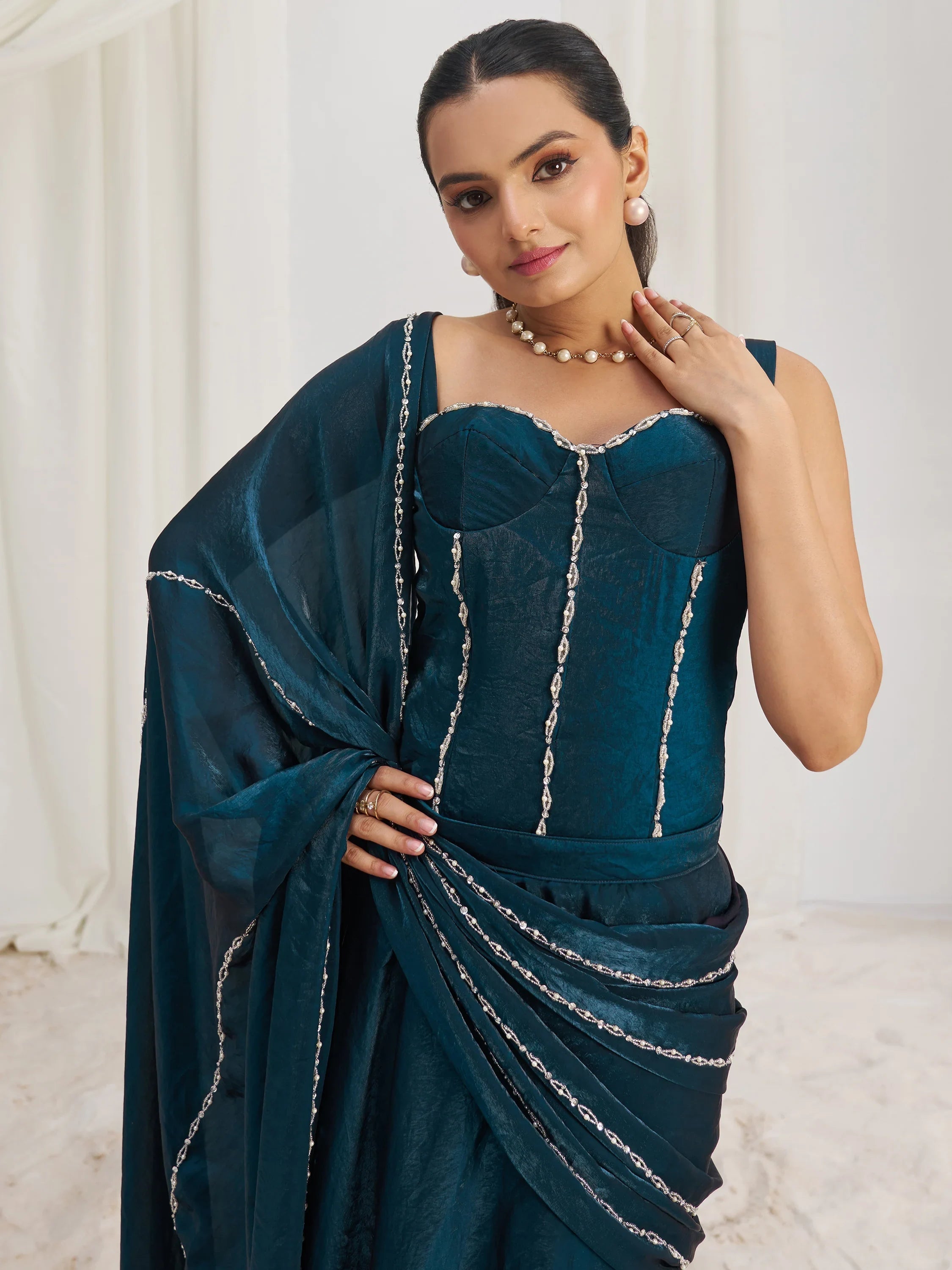 Navy Organza Pre-Stitched Ruffle Saree With Hand Work Blouse