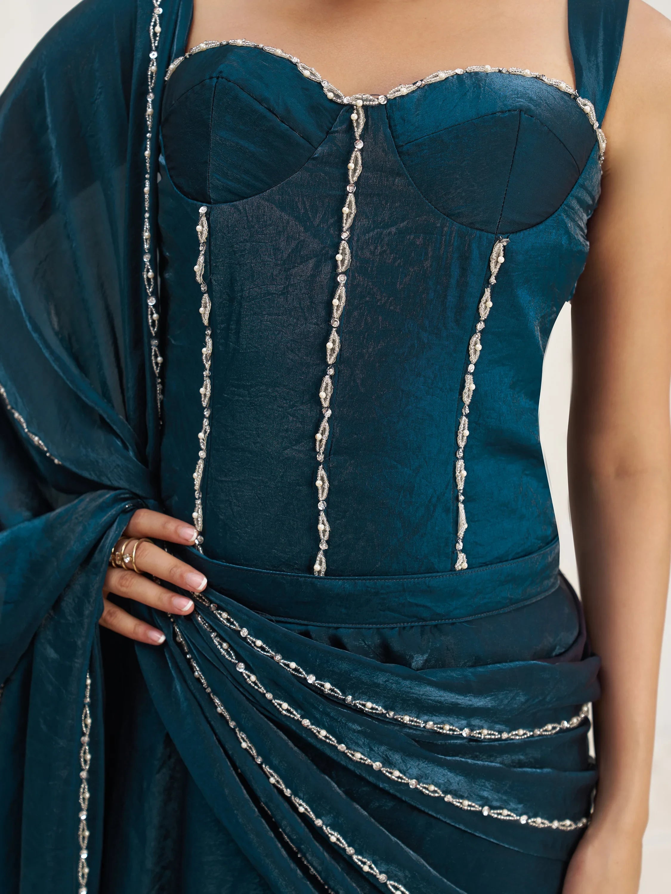 Navy Organza Pre-Stitched Ruffle Saree With Hand Work Blouse