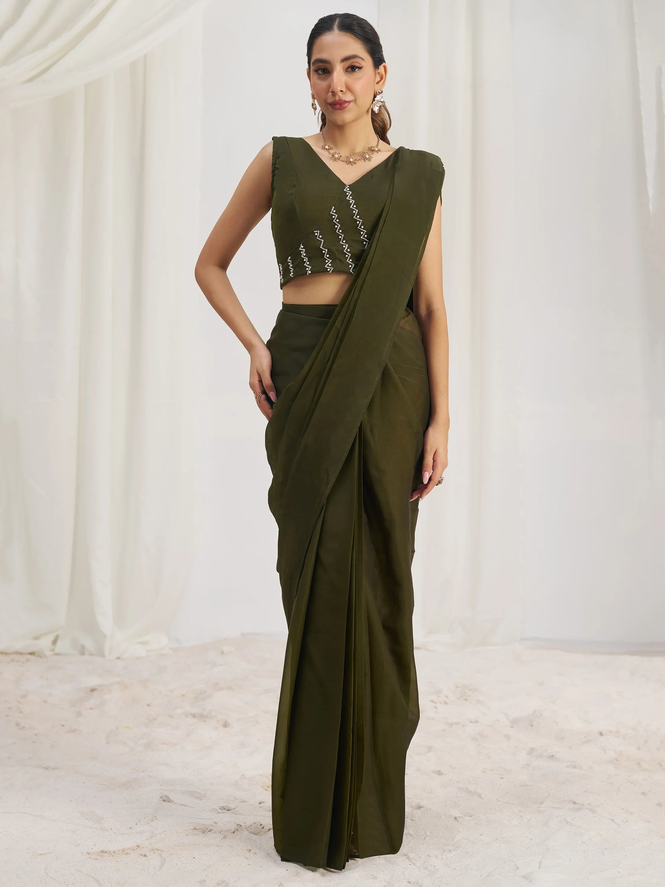 Olive Organza Pre-Stitched Ruffle Saree With Hand Work Blouse