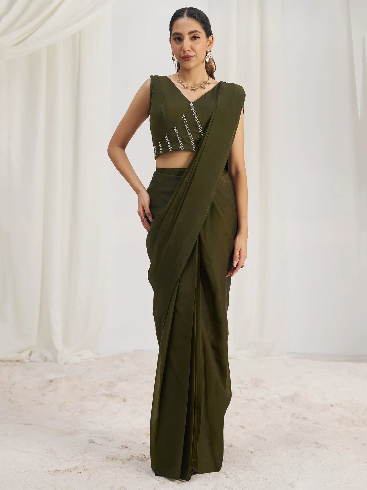 Olive Organza Pre-Stitched Ruffle Saree With Hand Work Blouse