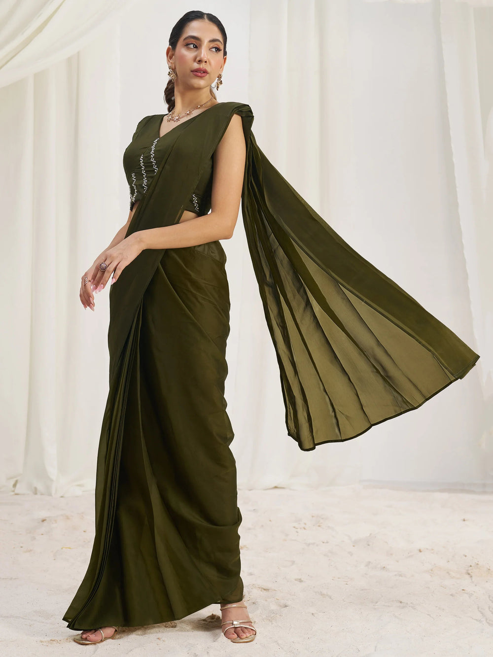 Olive Organza Pre-Stitched Ruffle Saree With Hand Work Blouse
