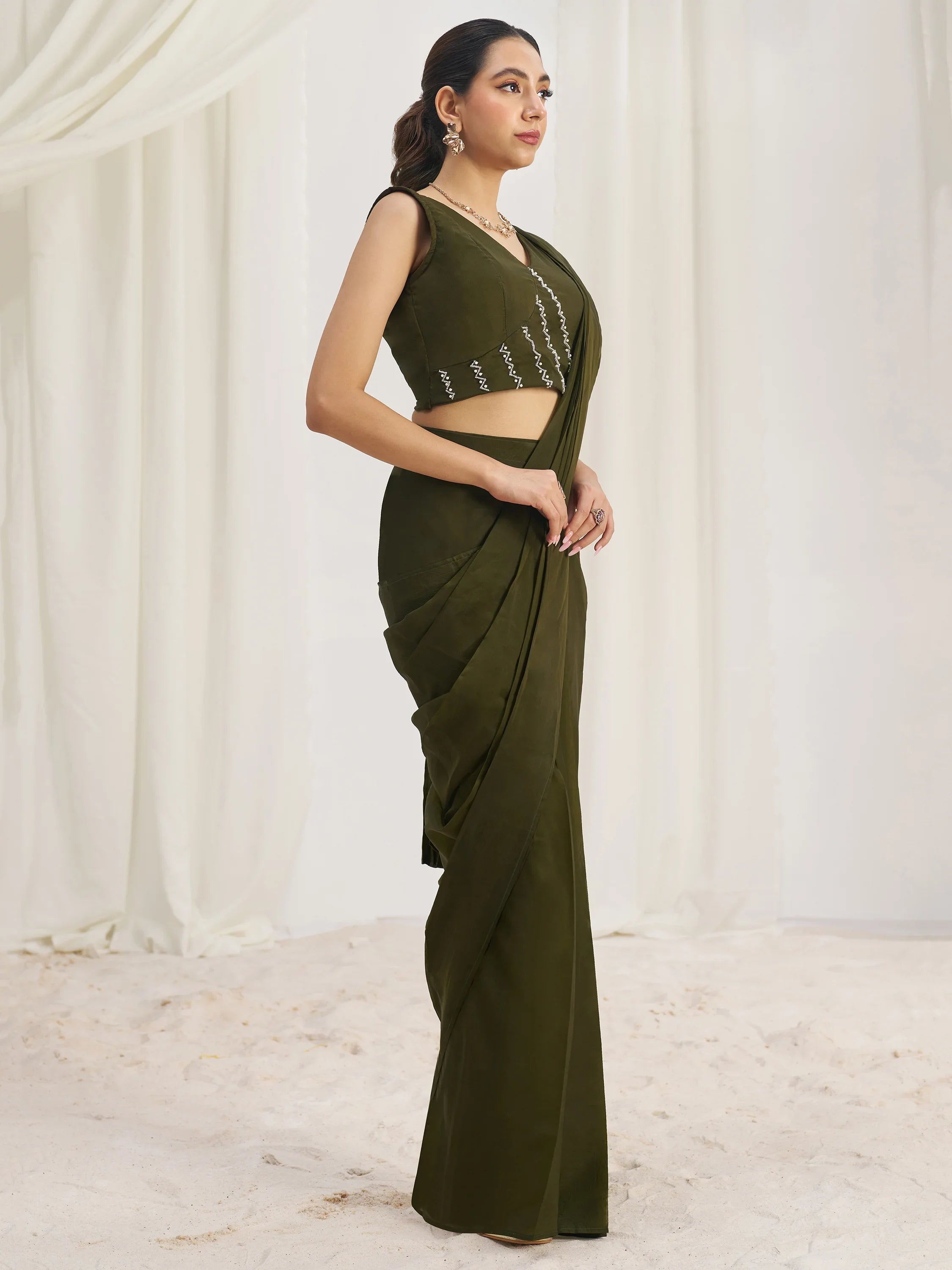 Olive Organza Pre-Stitched Ruffle Saree With Hand Work Blouse