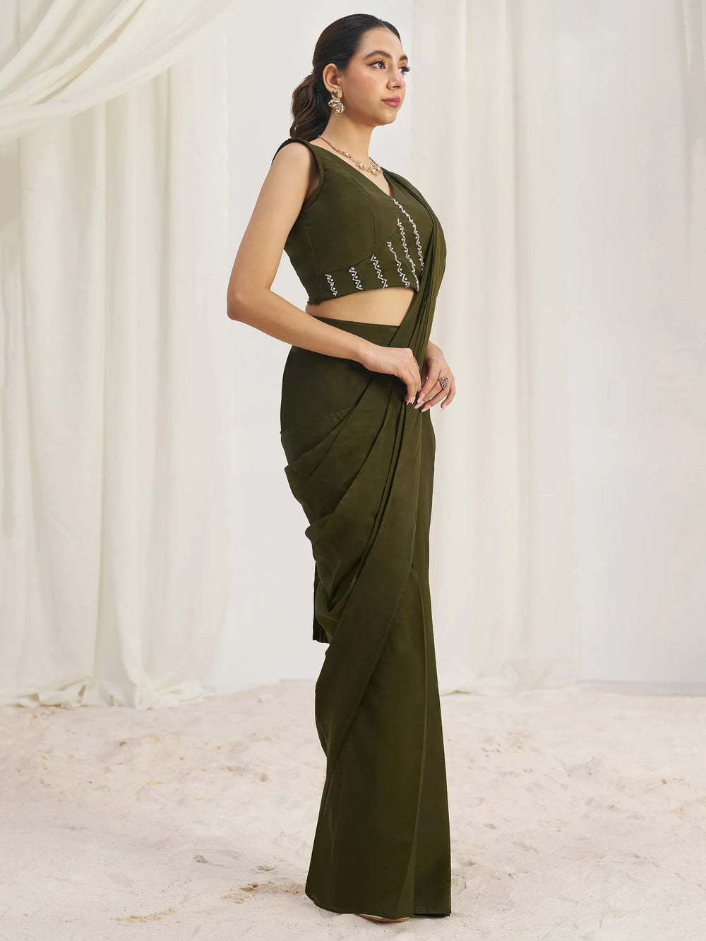 Olive Organza Pre-Stitched Ruffle Saree With Hand Work Blouse