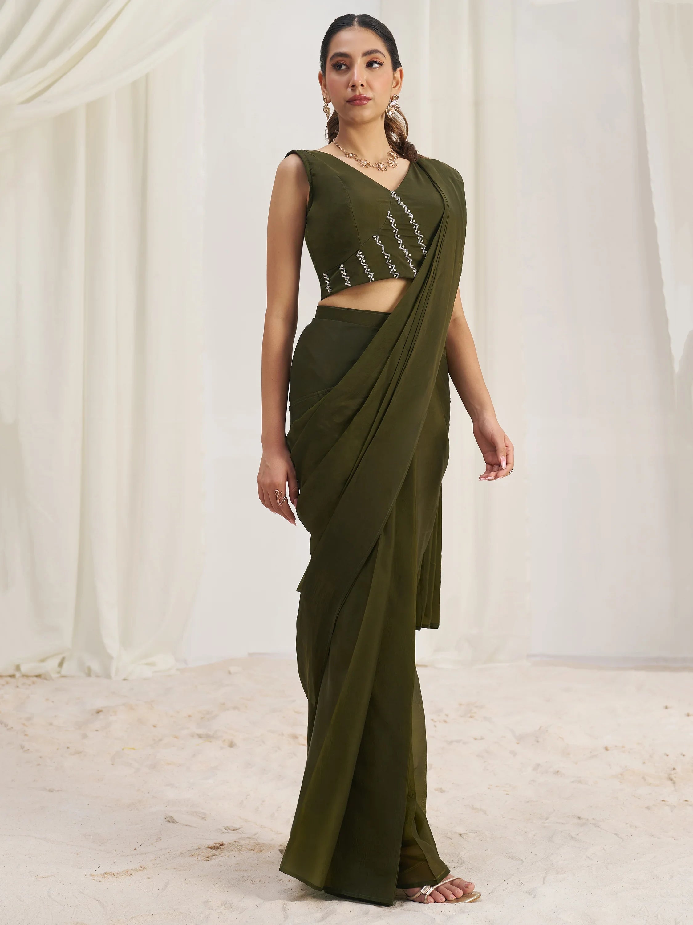 Olive Organza Pre-Stitched Ruffle Saree With Hand Work Blouse