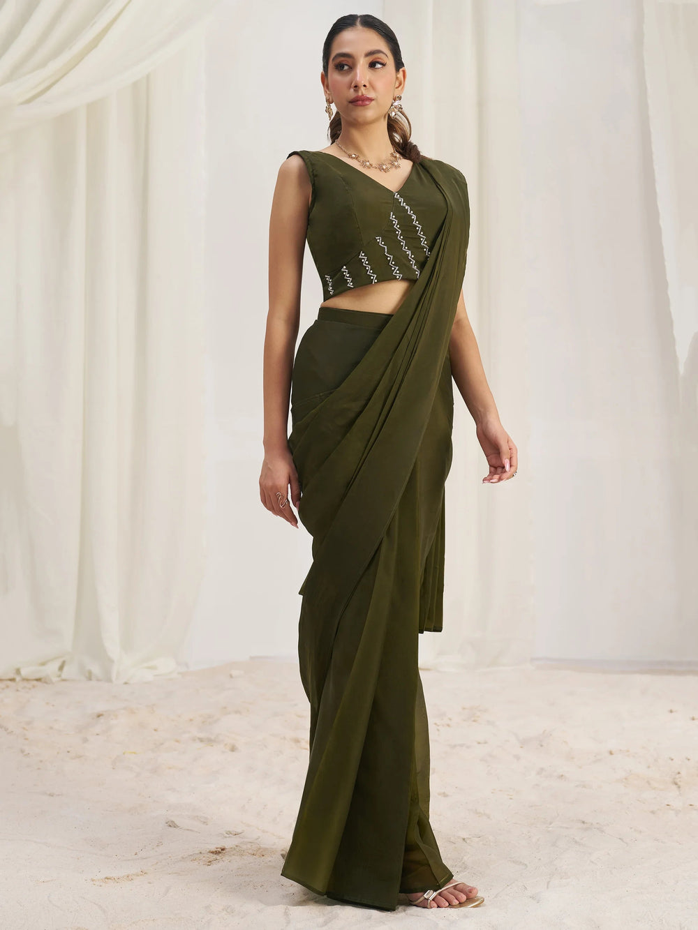 Olive Organza Pre-Stitched Ruffle Saree With Hand Work Blouse
