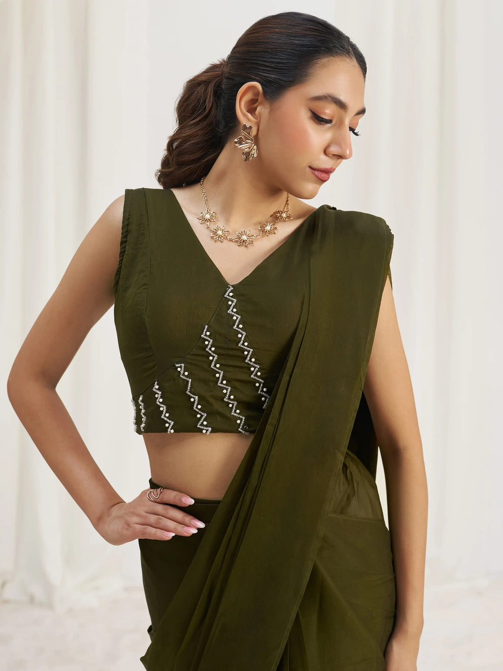 Olive Organza Pre-Stitched Ruffle Saree With Hand Work Blouse