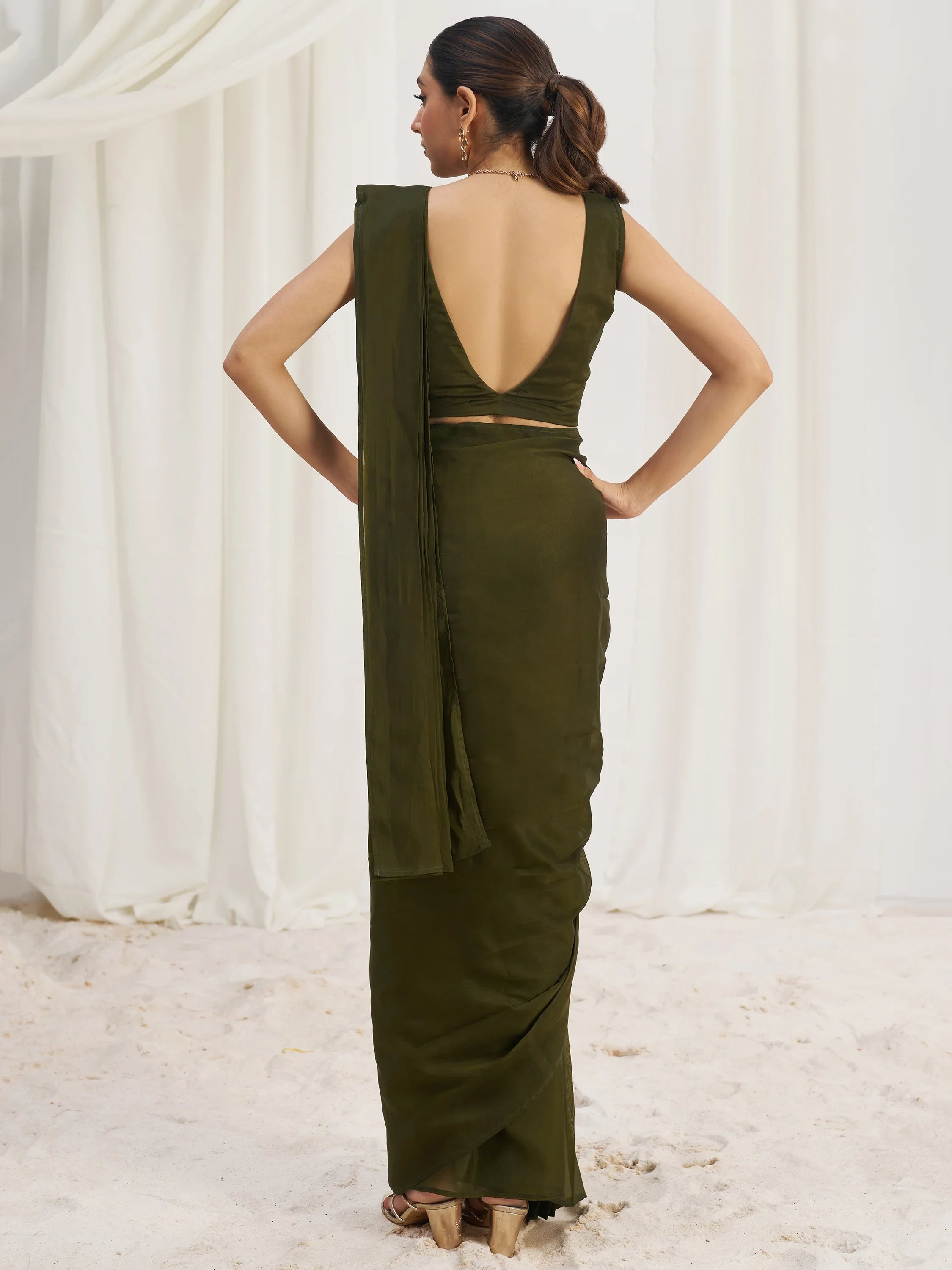 Olive Organza Pre-Stitched Ruffle Saree With Hand Work Blouse