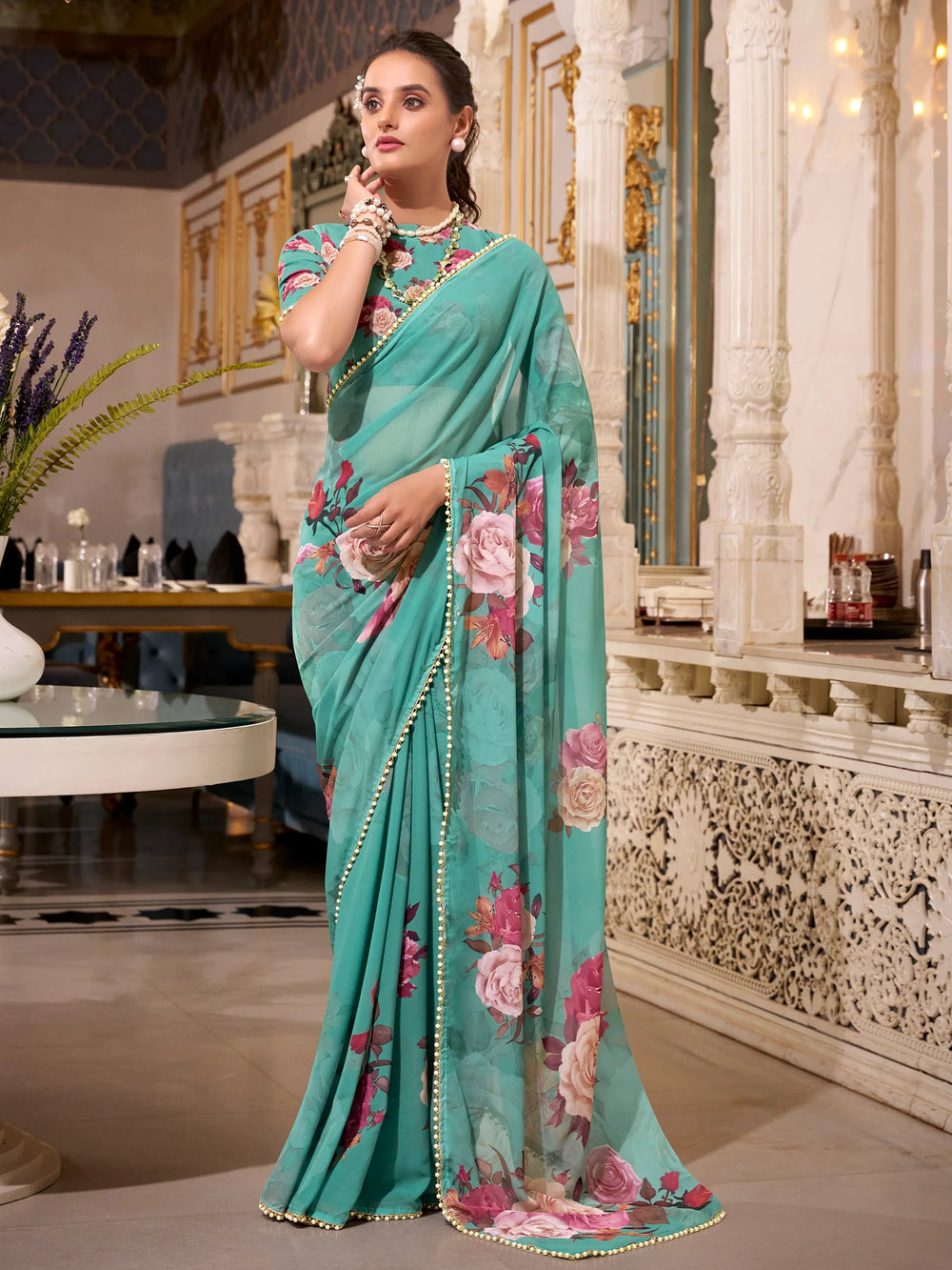 Green Georgette Floral Printed Saree With Blouse