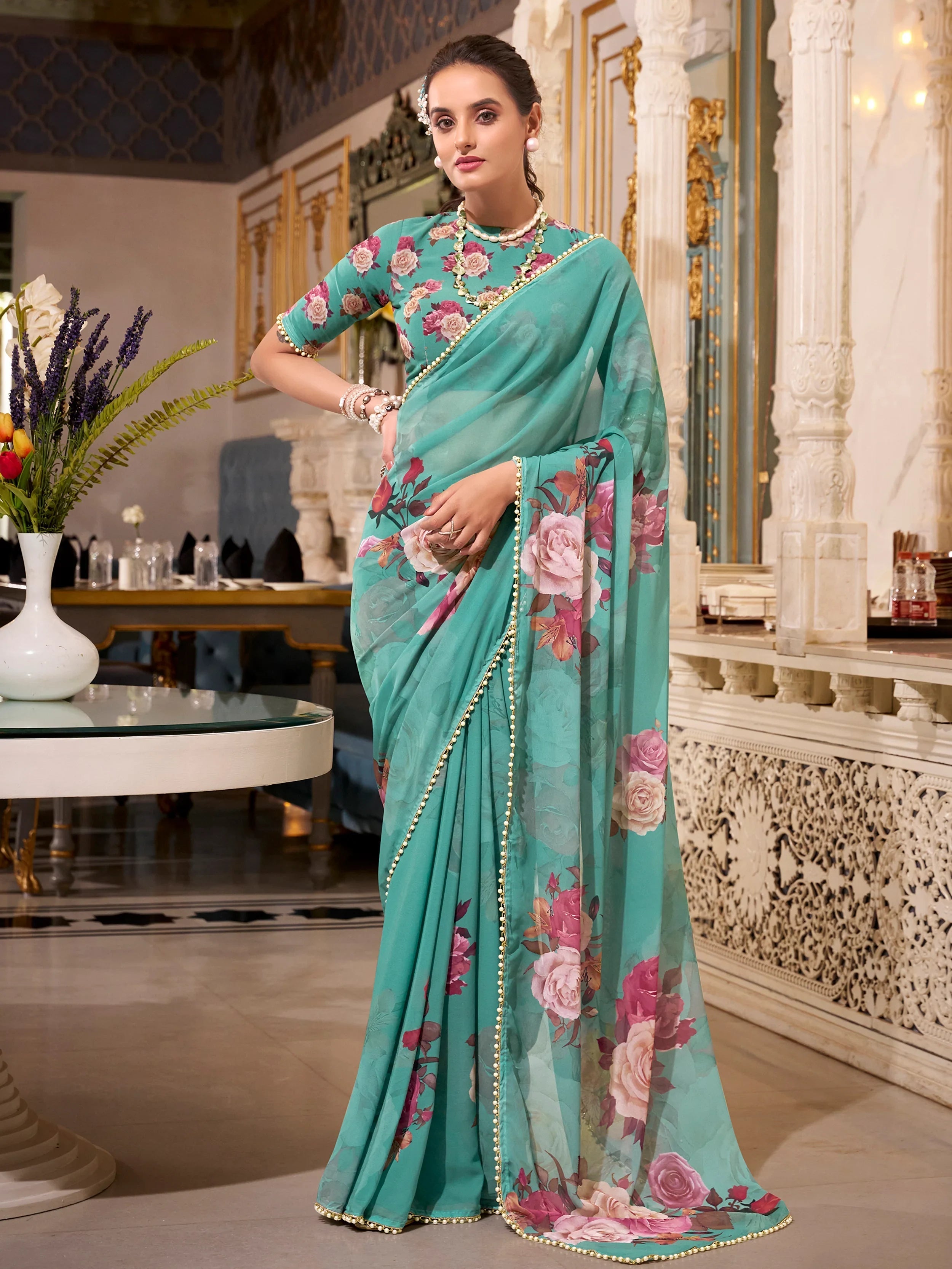 Green Georgette Floral Printed Saree With Blouse
