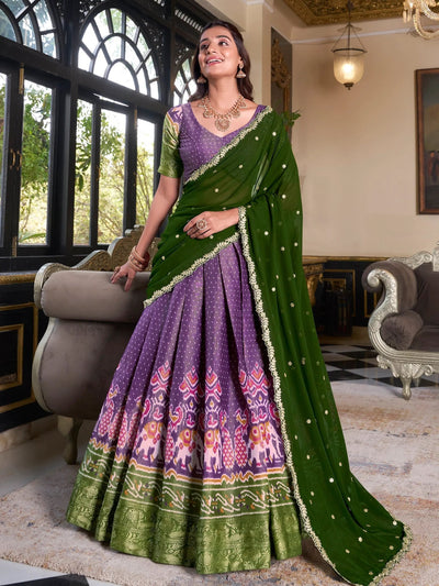 Purple Silk Ikat Print Wedding Lehenga Choli With Dupatta