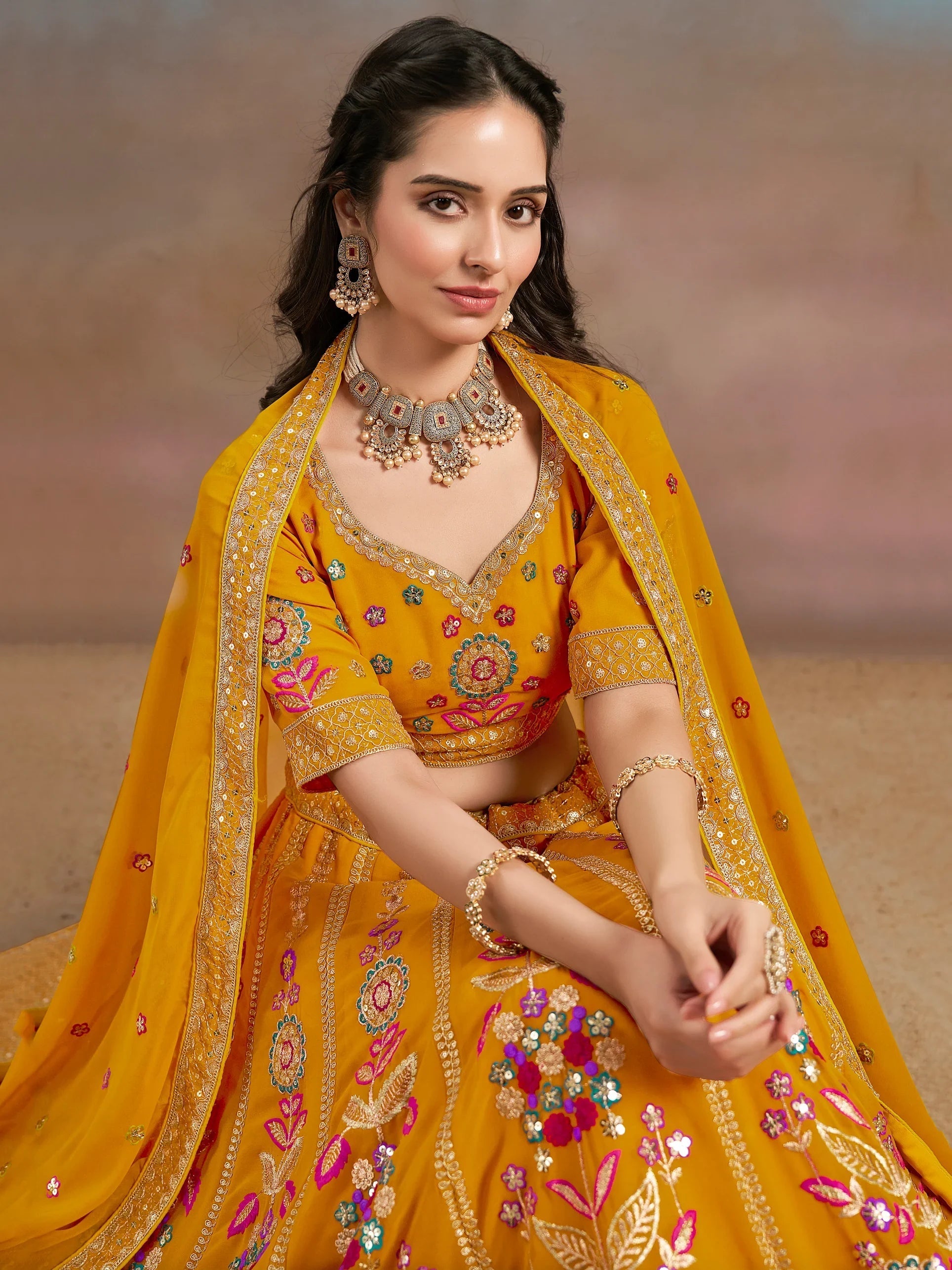 Sequins georgette lehenga choli with dupatta for wedding and mehendi ceremony