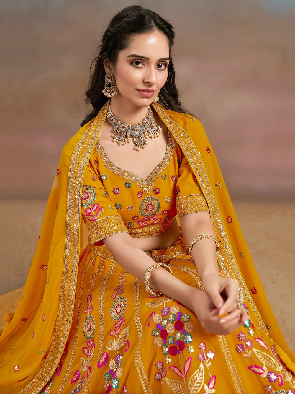 Sequins georgette lehenga choli with dupatta for wedding and mehendi ceremony