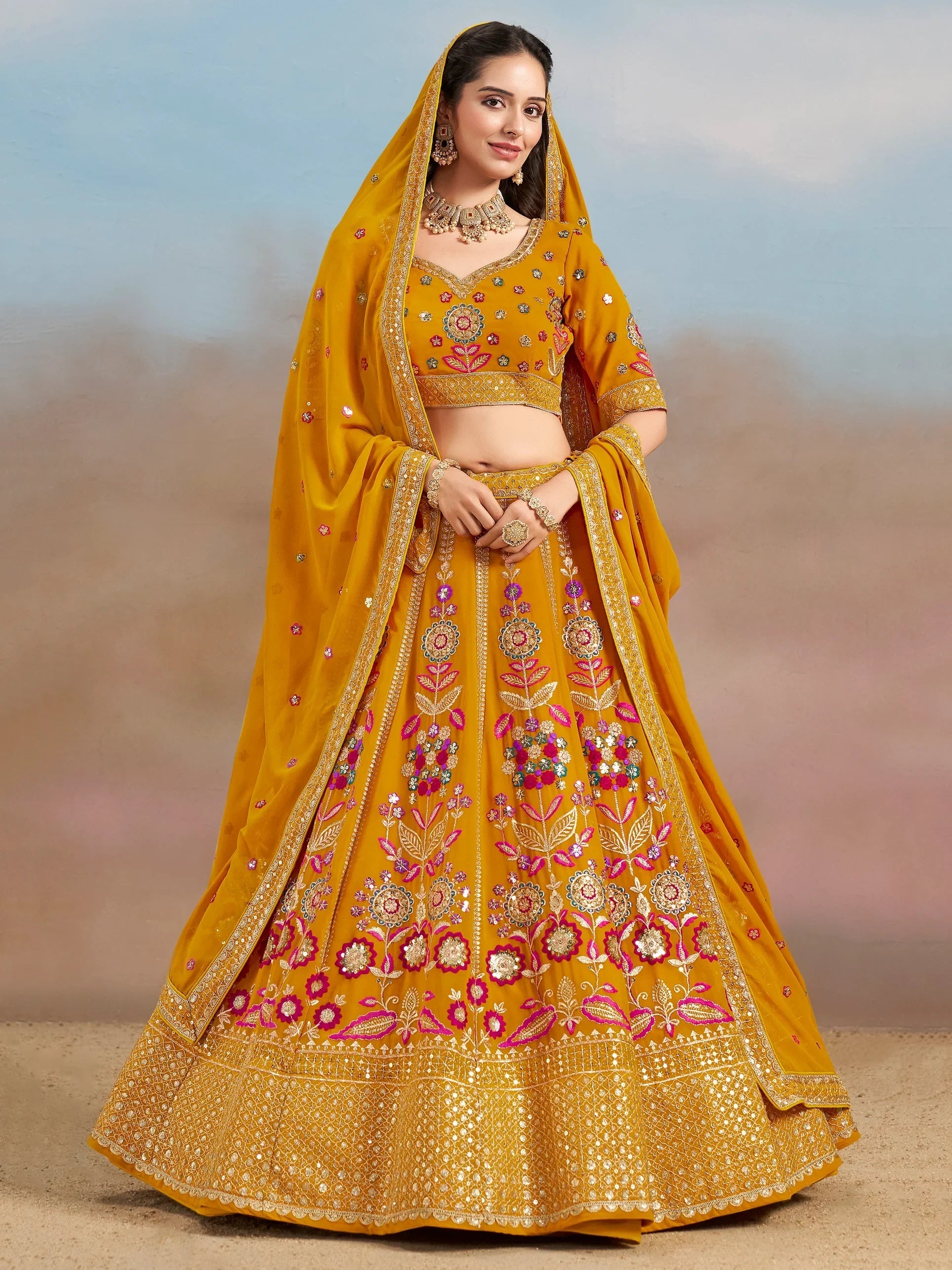 Sequins georgette lehenga choli with dupatta for wedding and mehendi ceremony