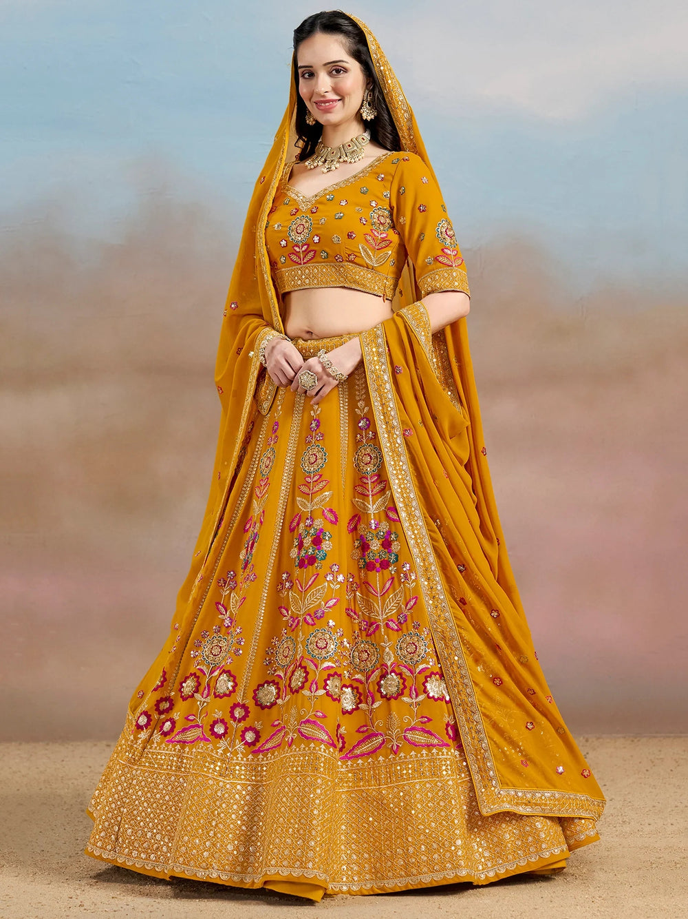 Sequins georgette lehenga choli with dupatta for wedding and mehendi ceremony