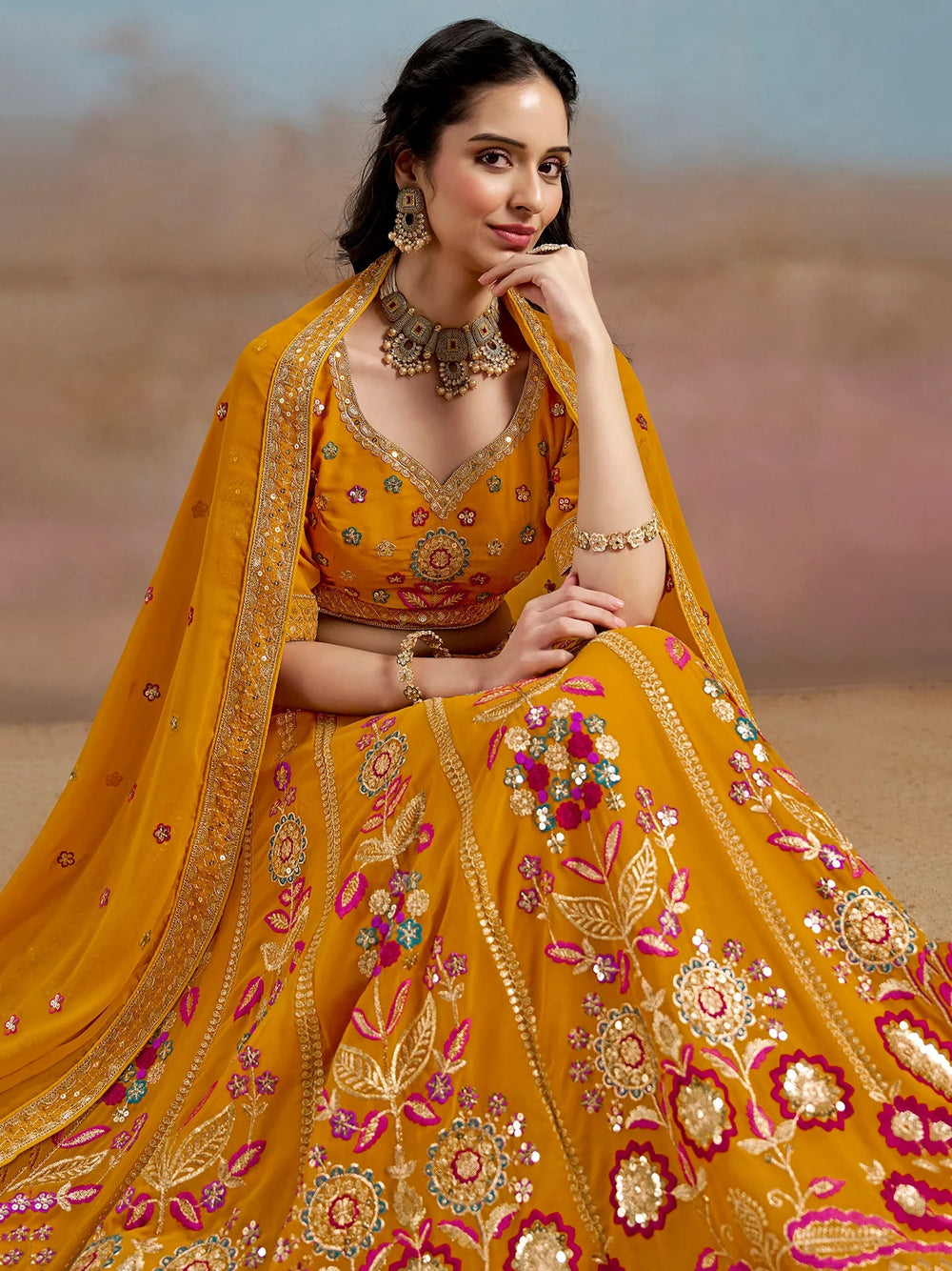 Sequins georgette lehenga choli with dupatta for wedding and mehendi ceremony