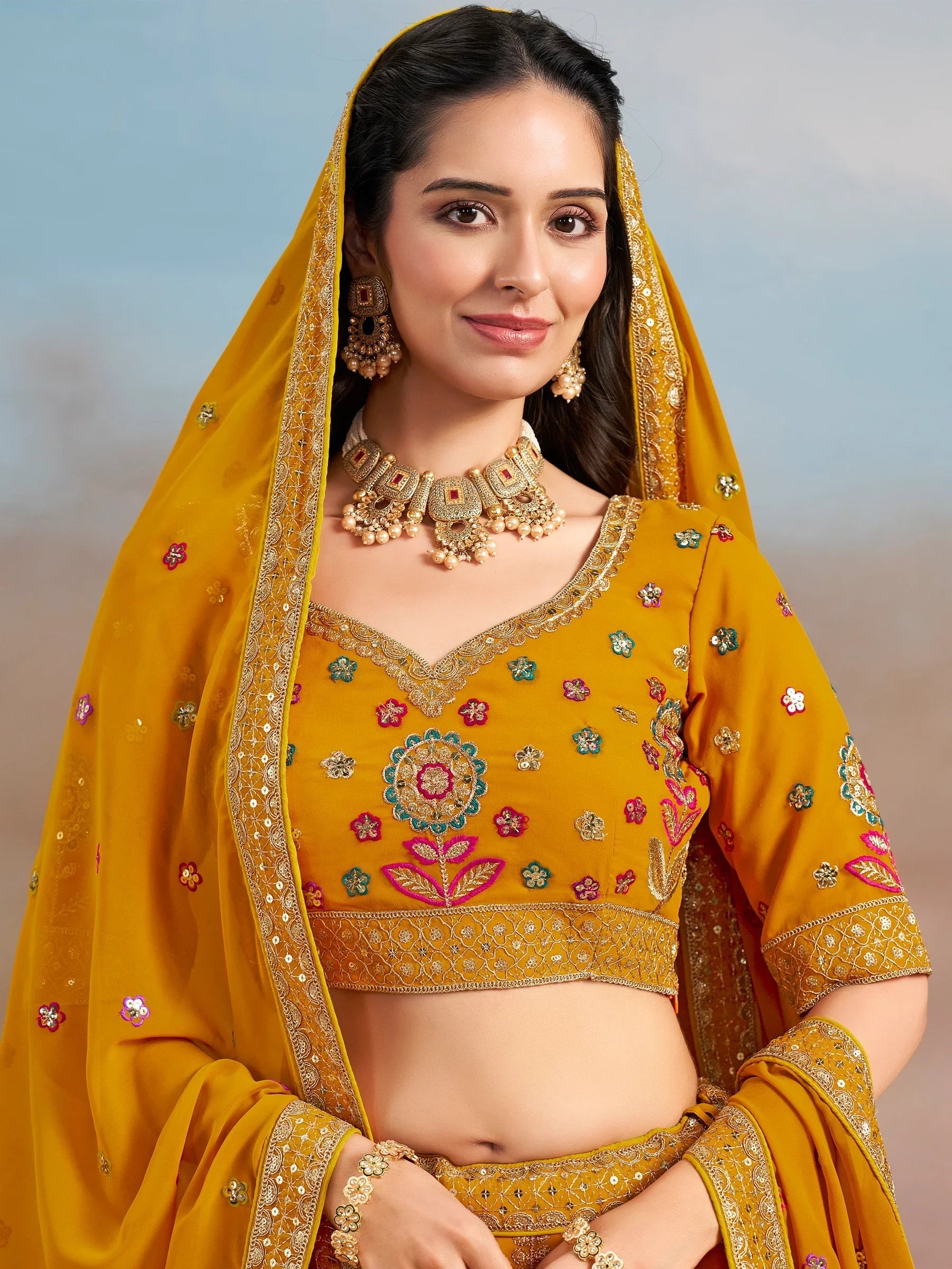 Sequins georgette lehenga choli with dupatta for wedding and mehendi ceremony