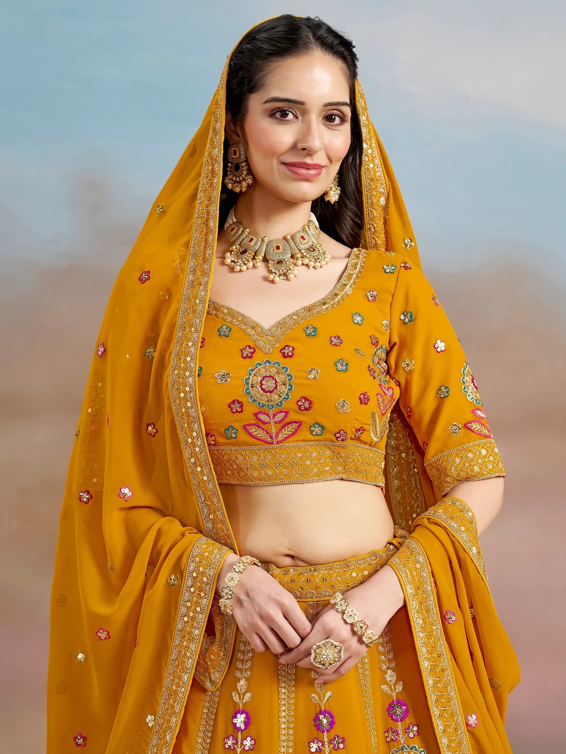 Sequins georgette lehenga choli with dupatta for wedding and mehendi ceremony