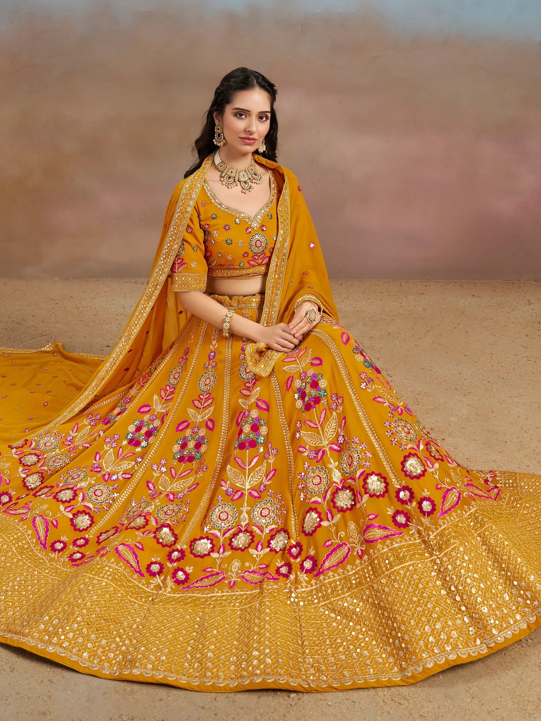 Sequins georgette lehenga choli with dupatta for wedding and mehendi ceremony