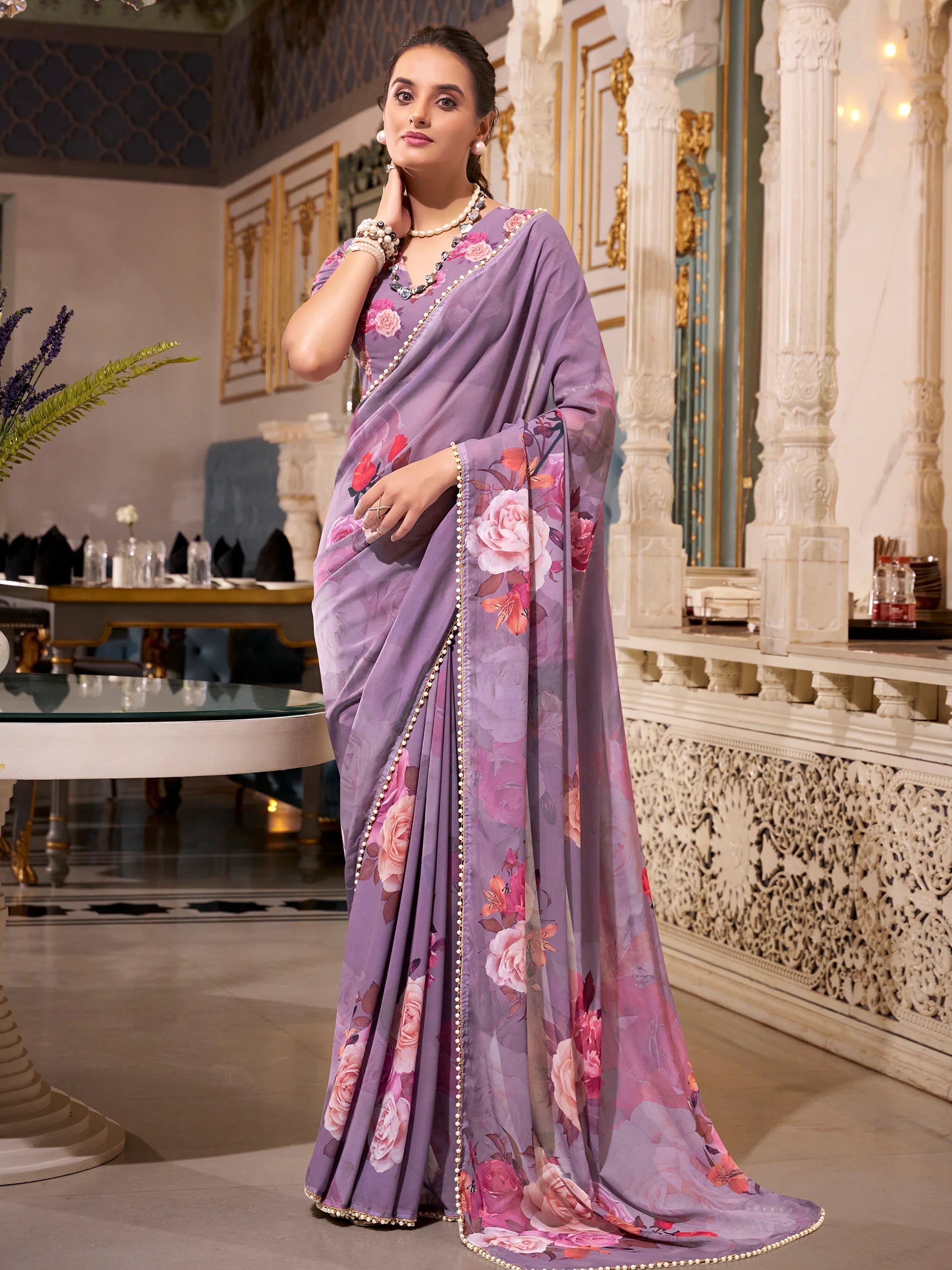 Grey Georgette Floral Printed Saree With Blouse