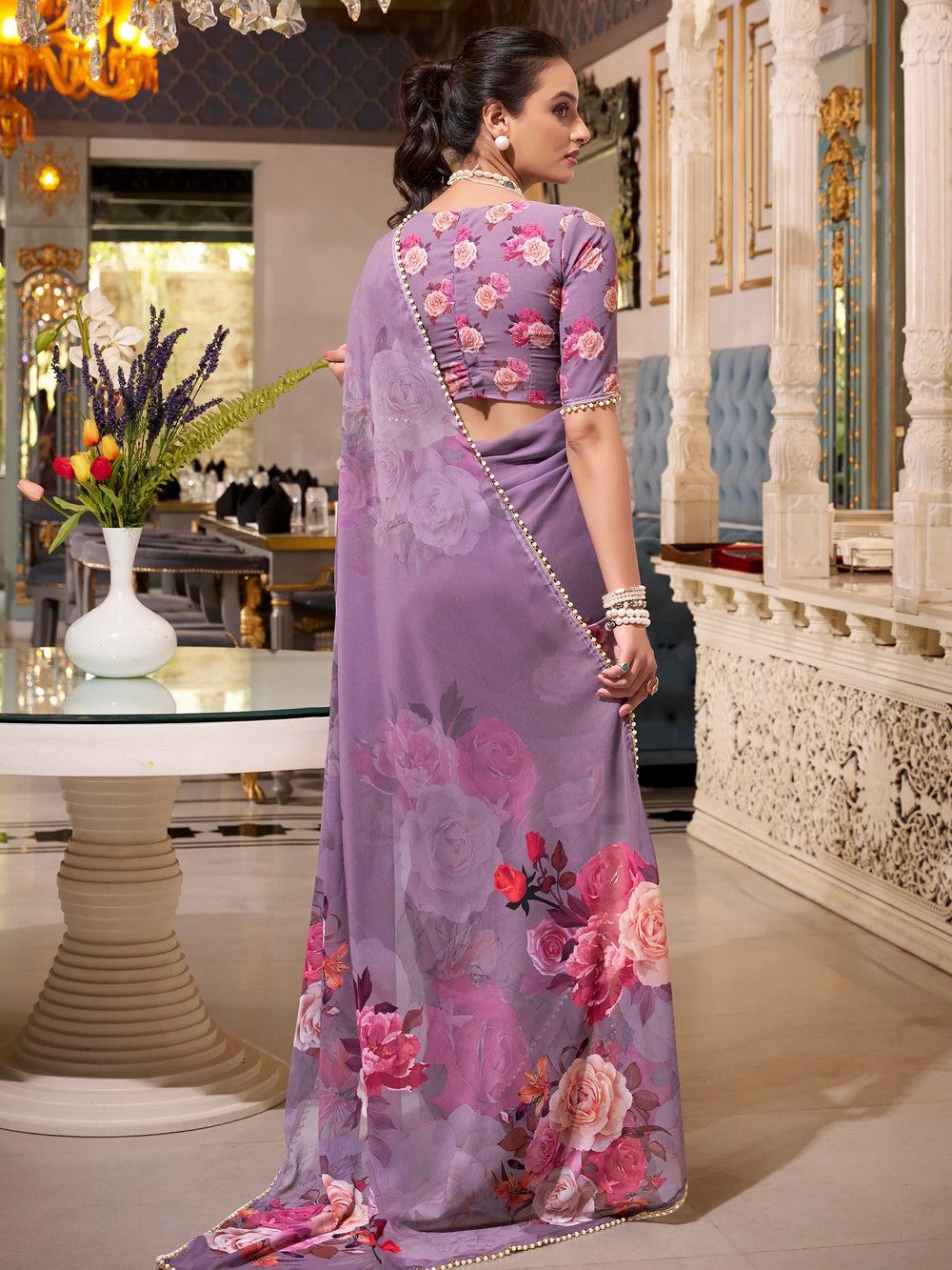 Grey Georgette Floral Printed Saree With Blouse