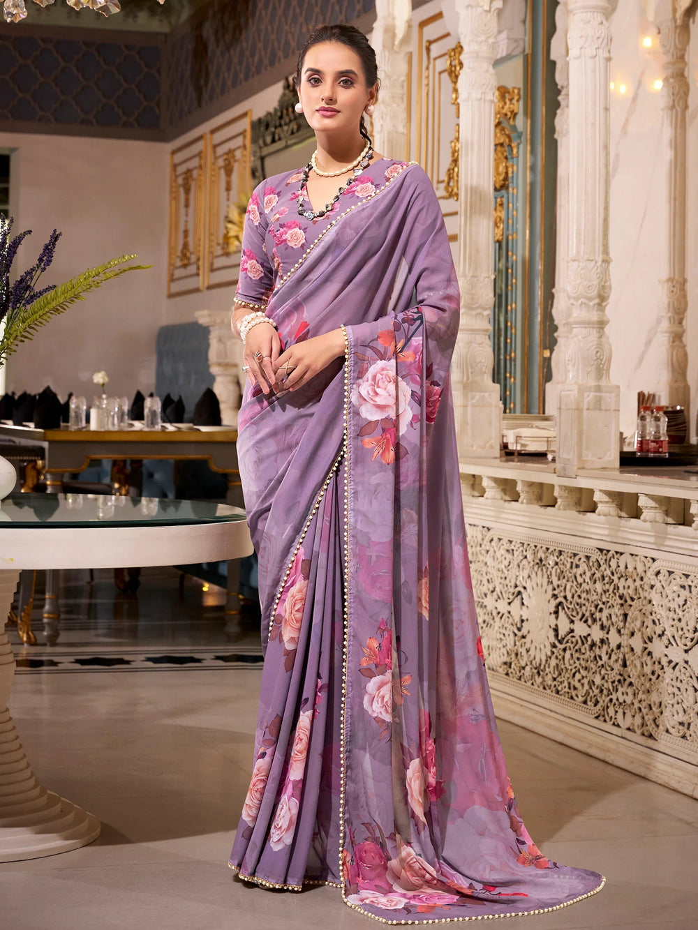 Grey Georgette Floral Printed Saree With Blouse