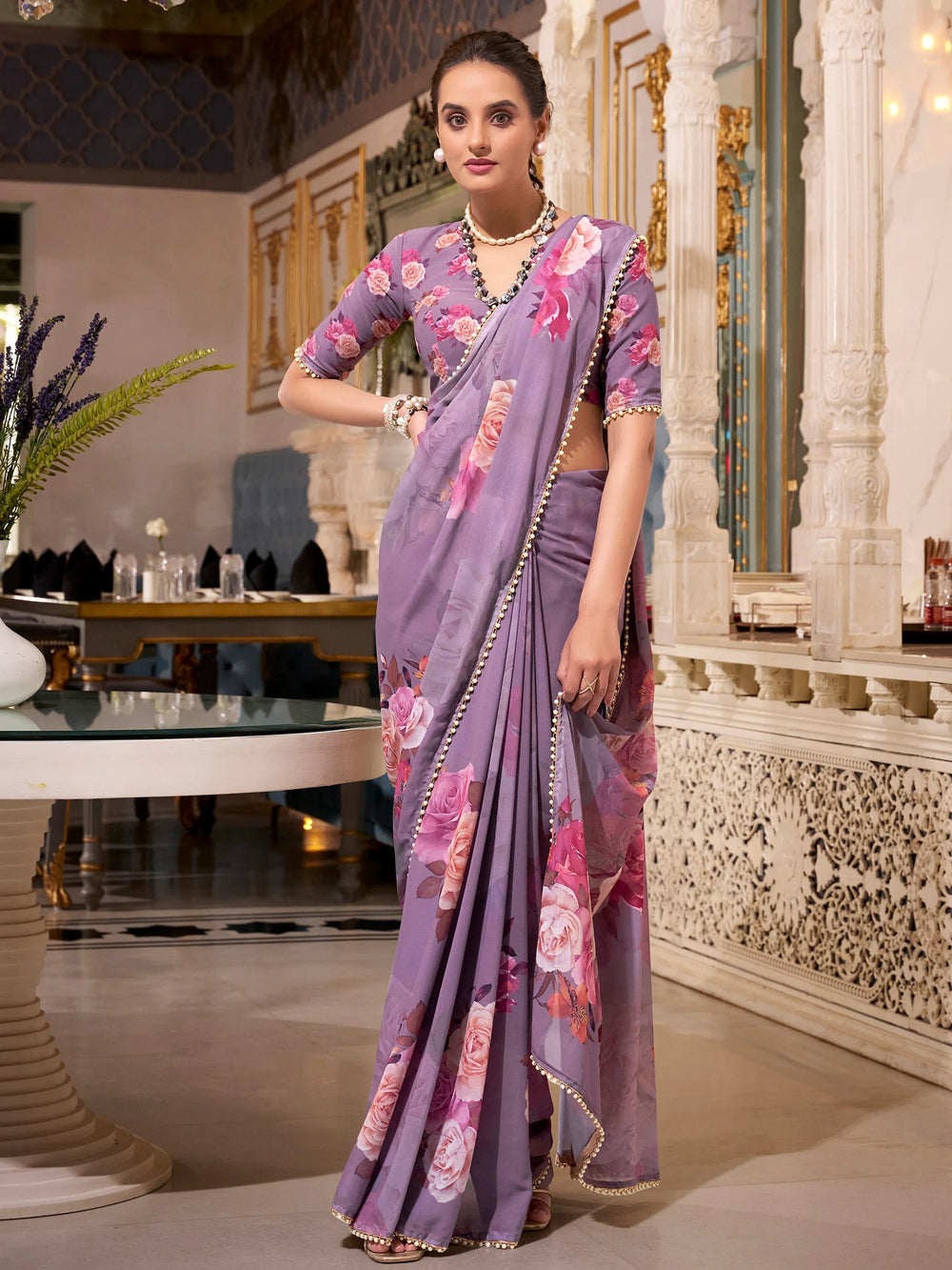 Grey Georgette Floral Printed Saree With Blouse