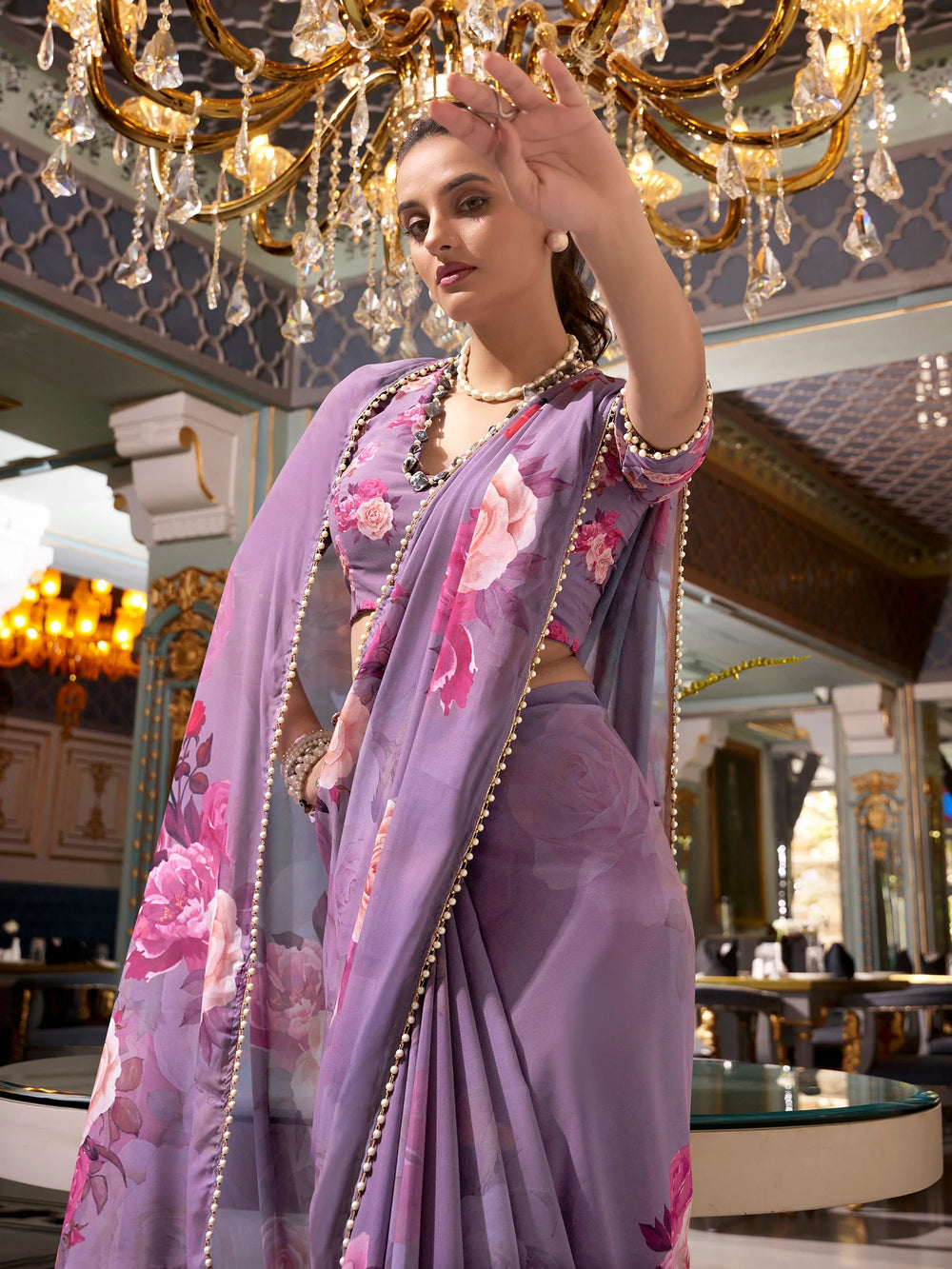 Grey Georgette Floral Printed Saree With Blouse