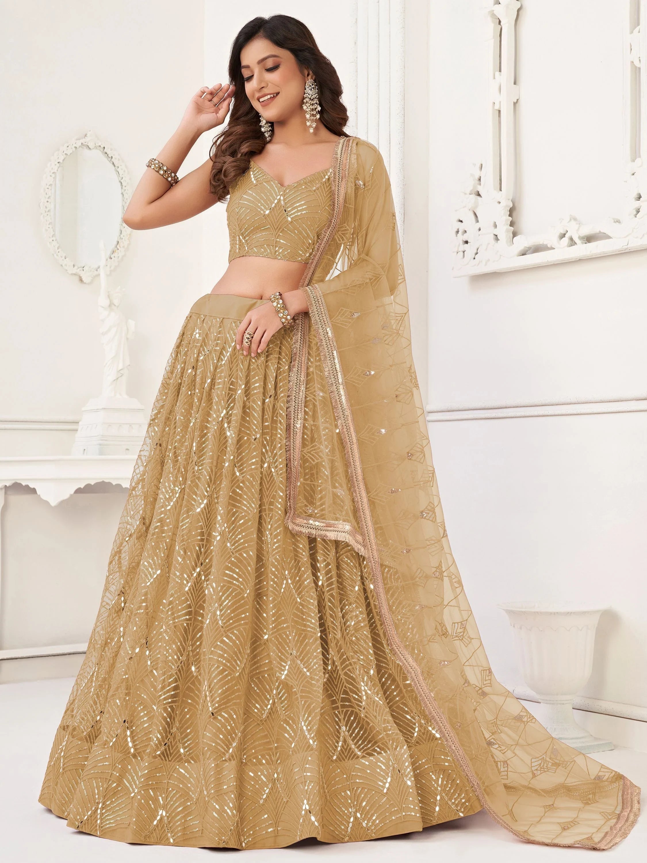 Brown Incredible Thread Work Net Designer Lehenga Choli for Women