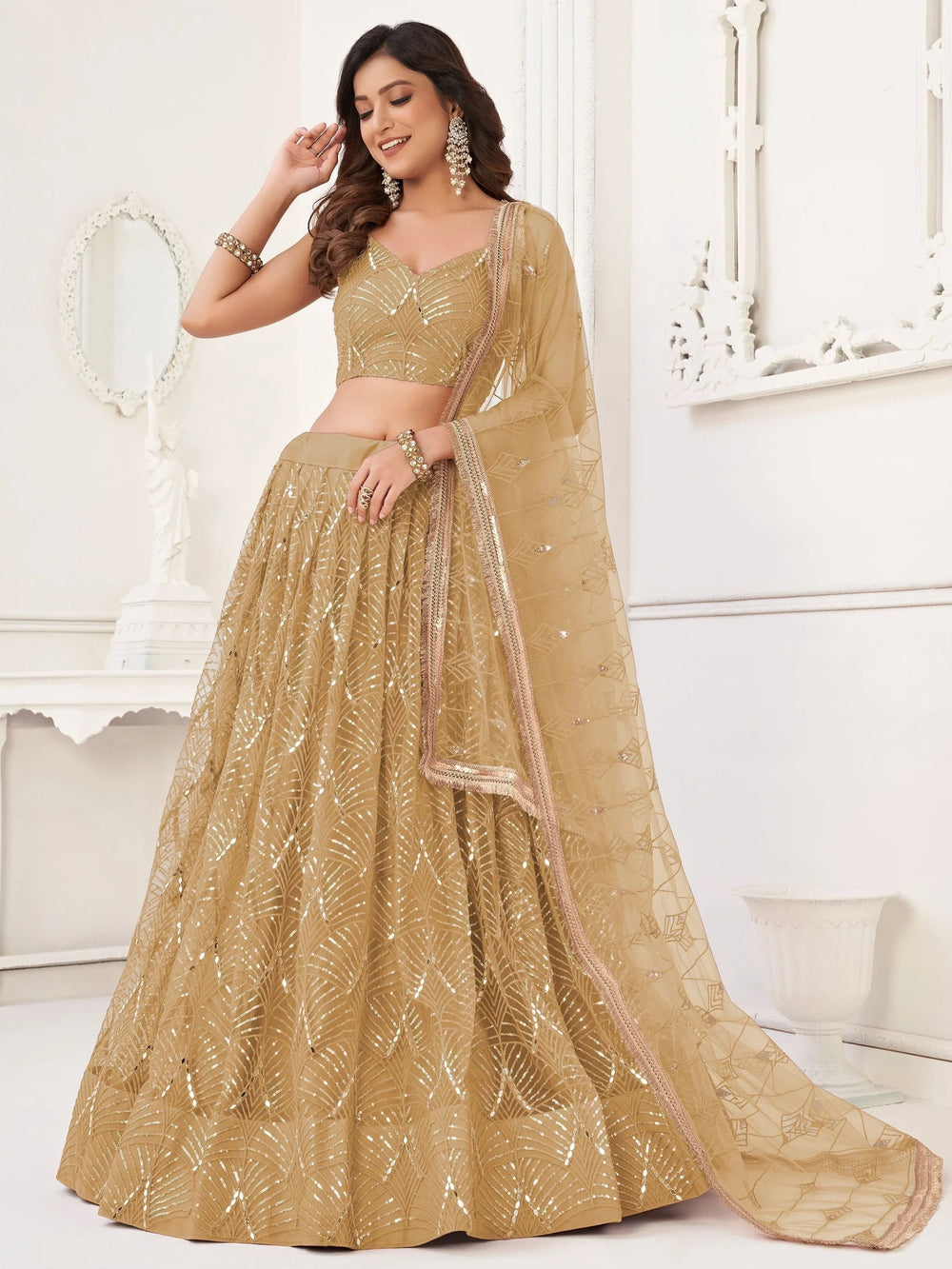Brown Incredible Thread Work Net Designer Lehenga Choli for Women
