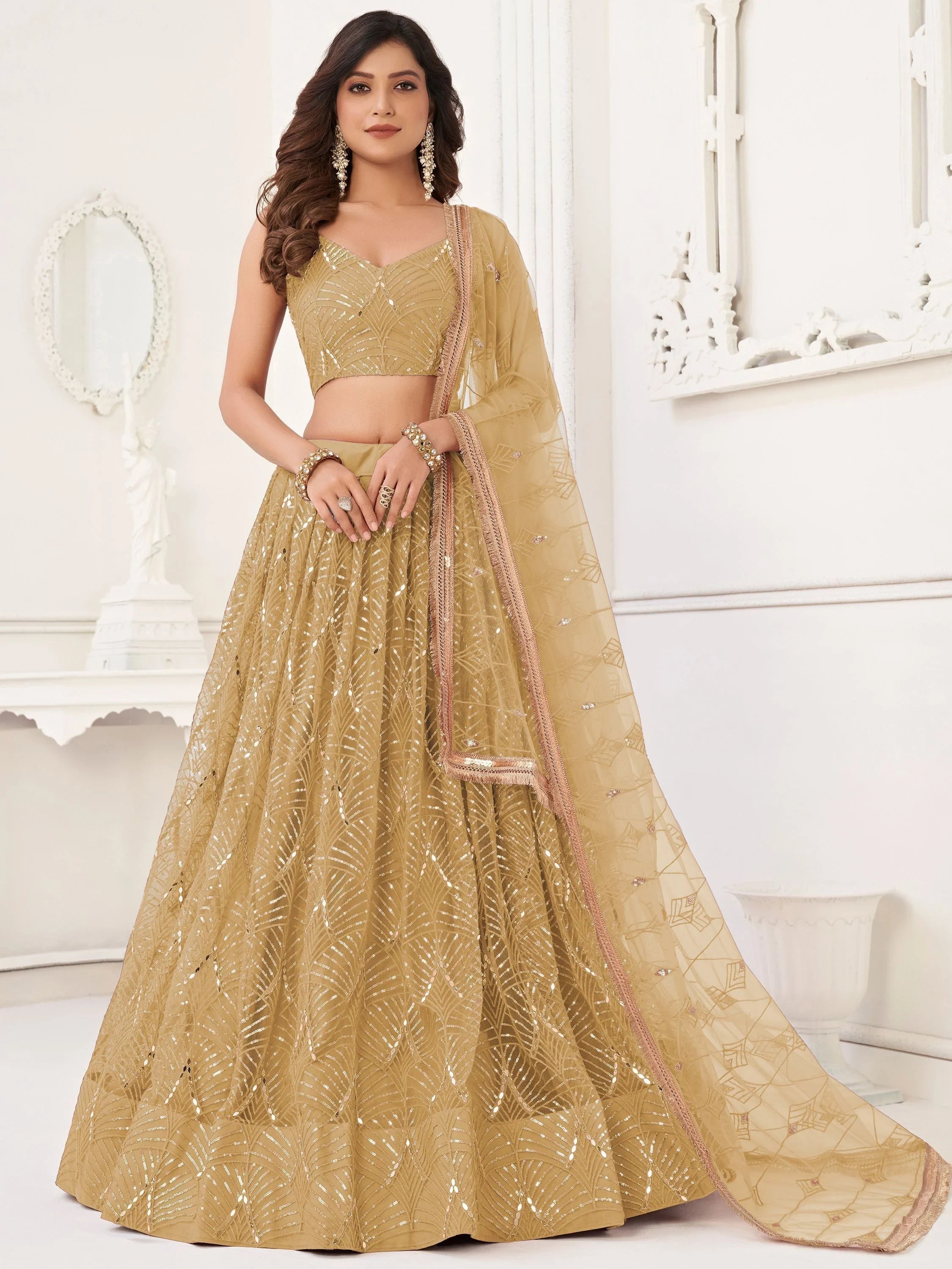Brown Incredible Thread Work Net Designer Lehenga Choli for Women