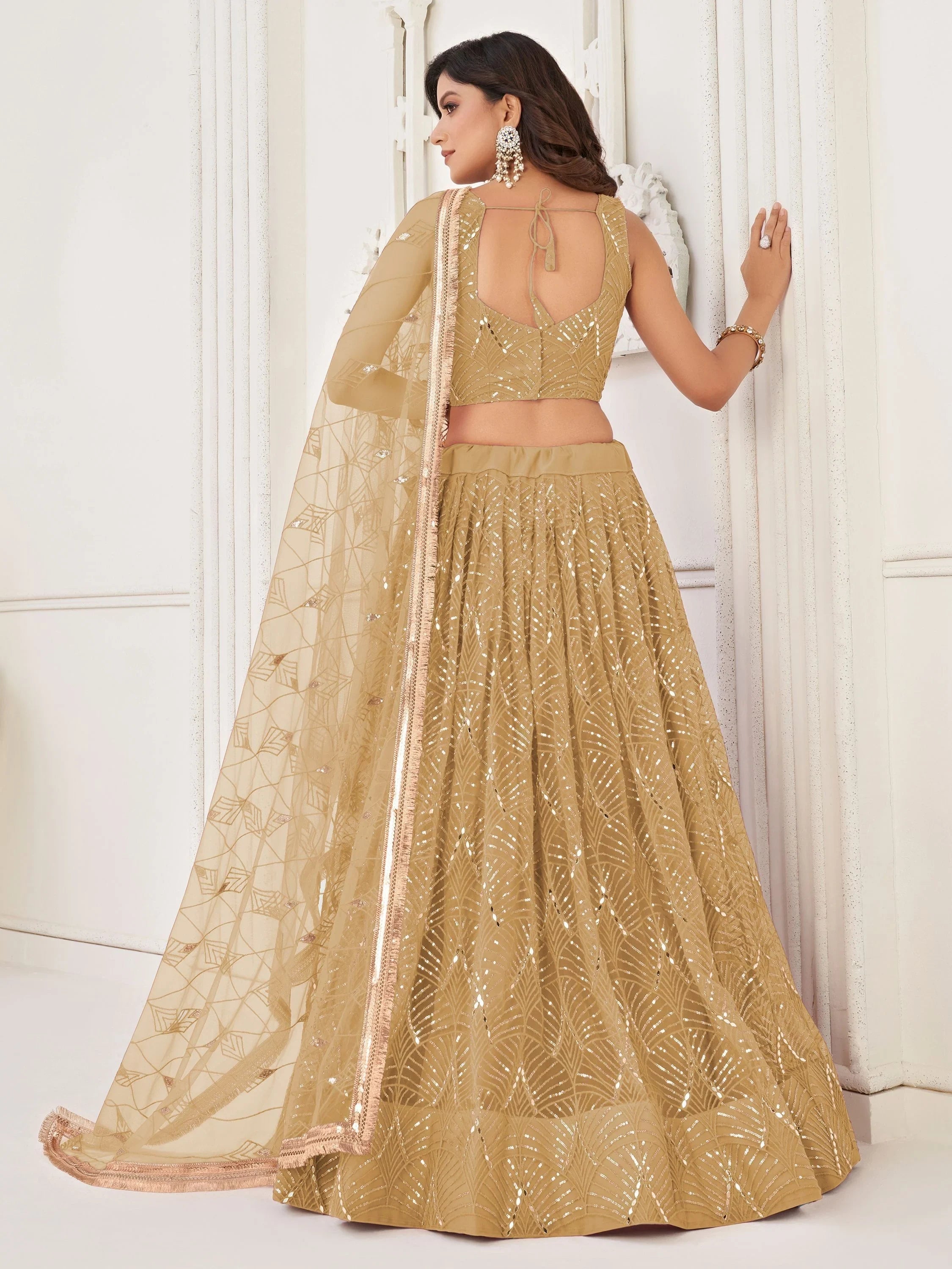 Brown Incredible Thread Work Net Designer Lehenga Choli for Women