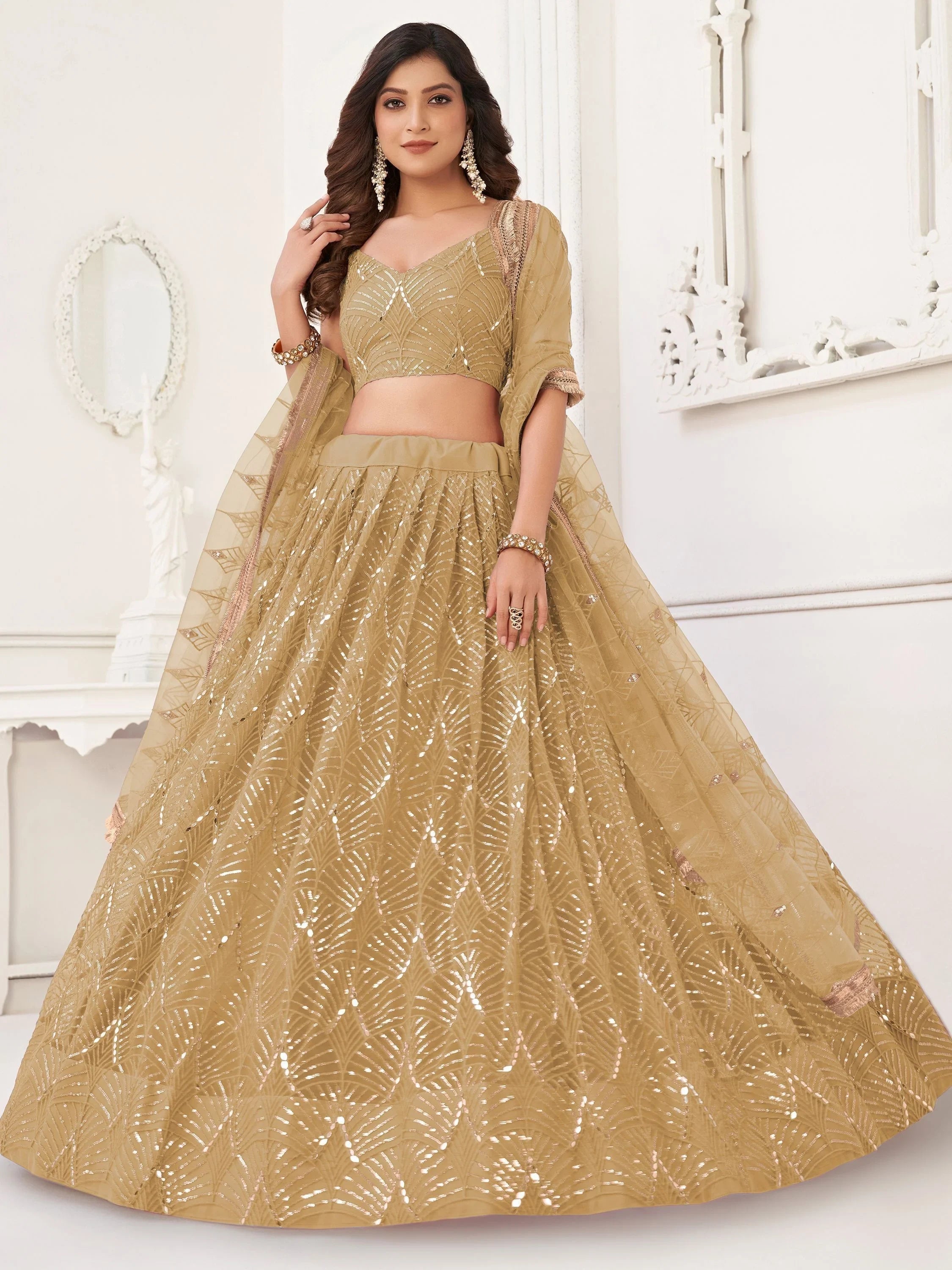 Brown Incredible Thread Work Net Designer Lehenga Choli for Women