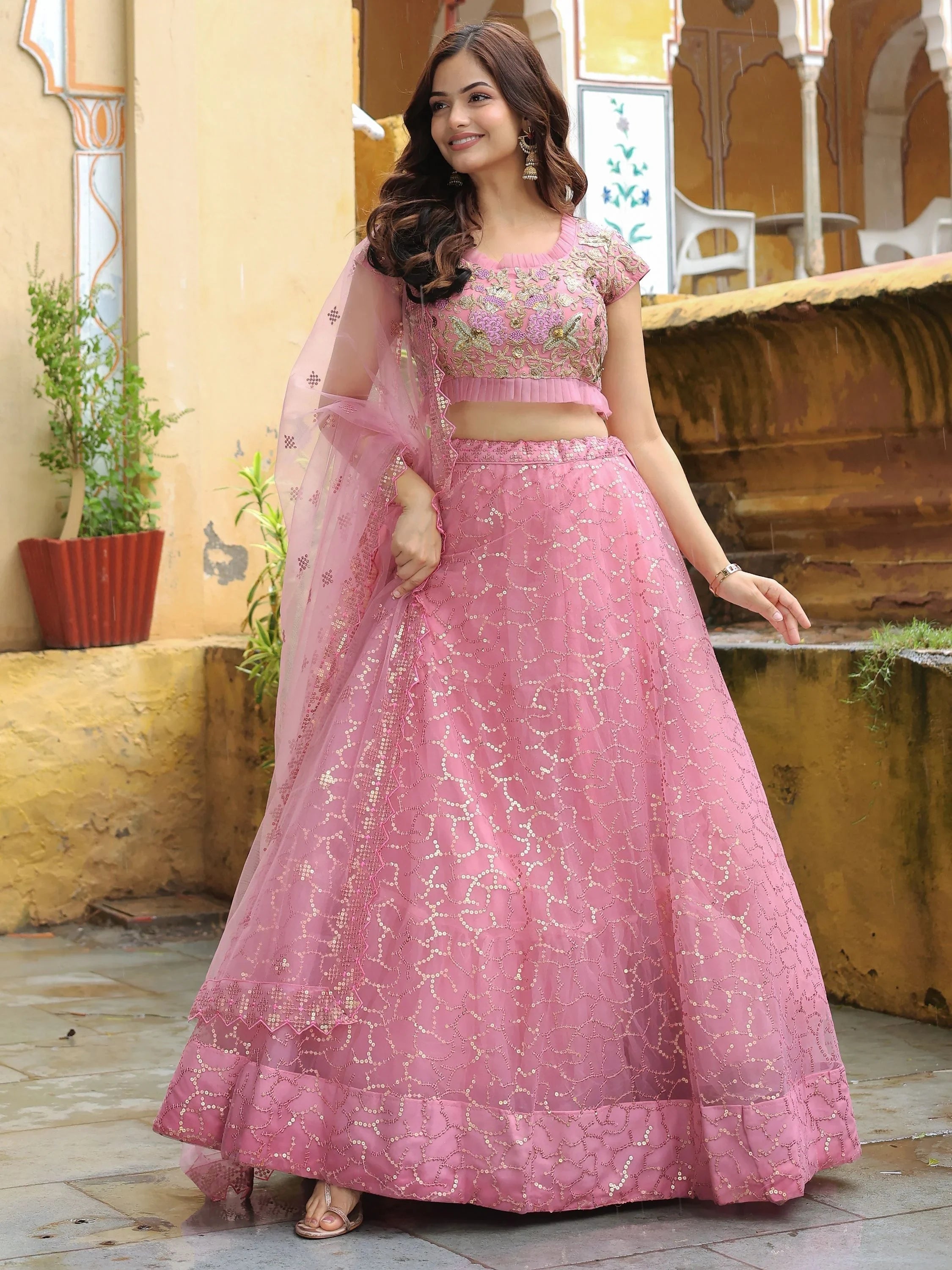 Net lehenga choli with dori thread embroidery and sequins work for wedding and engagement