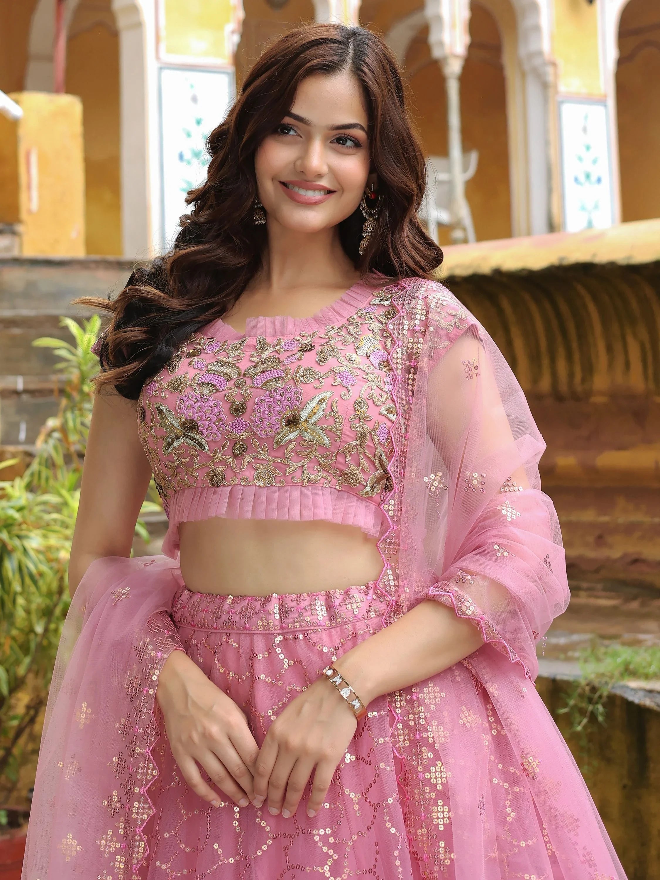 Net lehenga choli with dori thread embroidery and sequins work for wedding and engagement