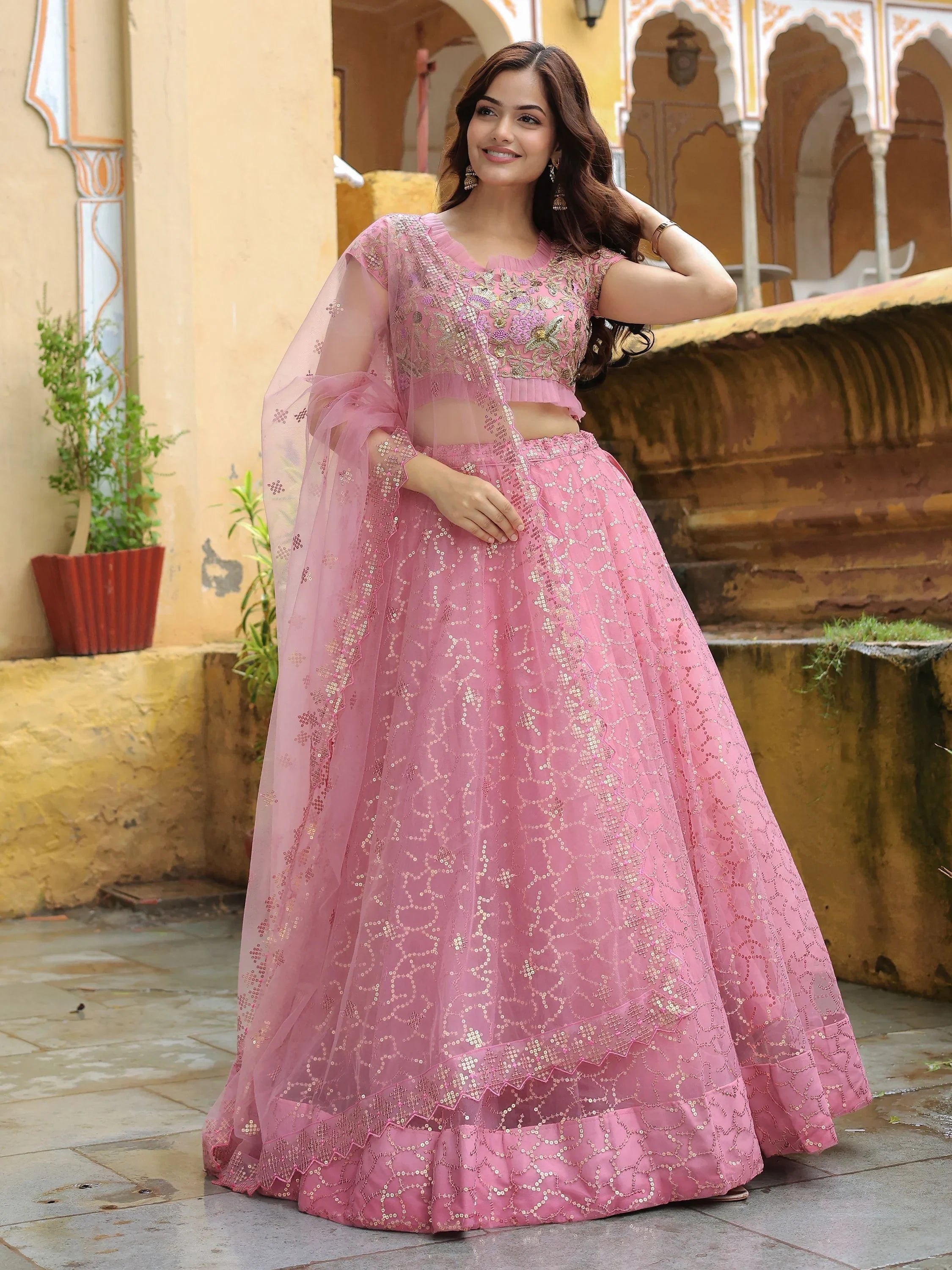 Net lehenga choli with dori thread embroidery and sequins work for wedding and engagement