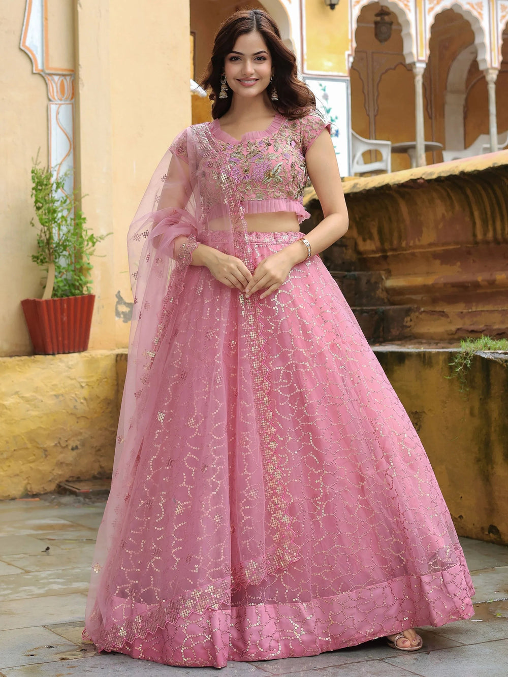 Net lehenga choli with dori thread embroidery and sequins work for wedding and engagement