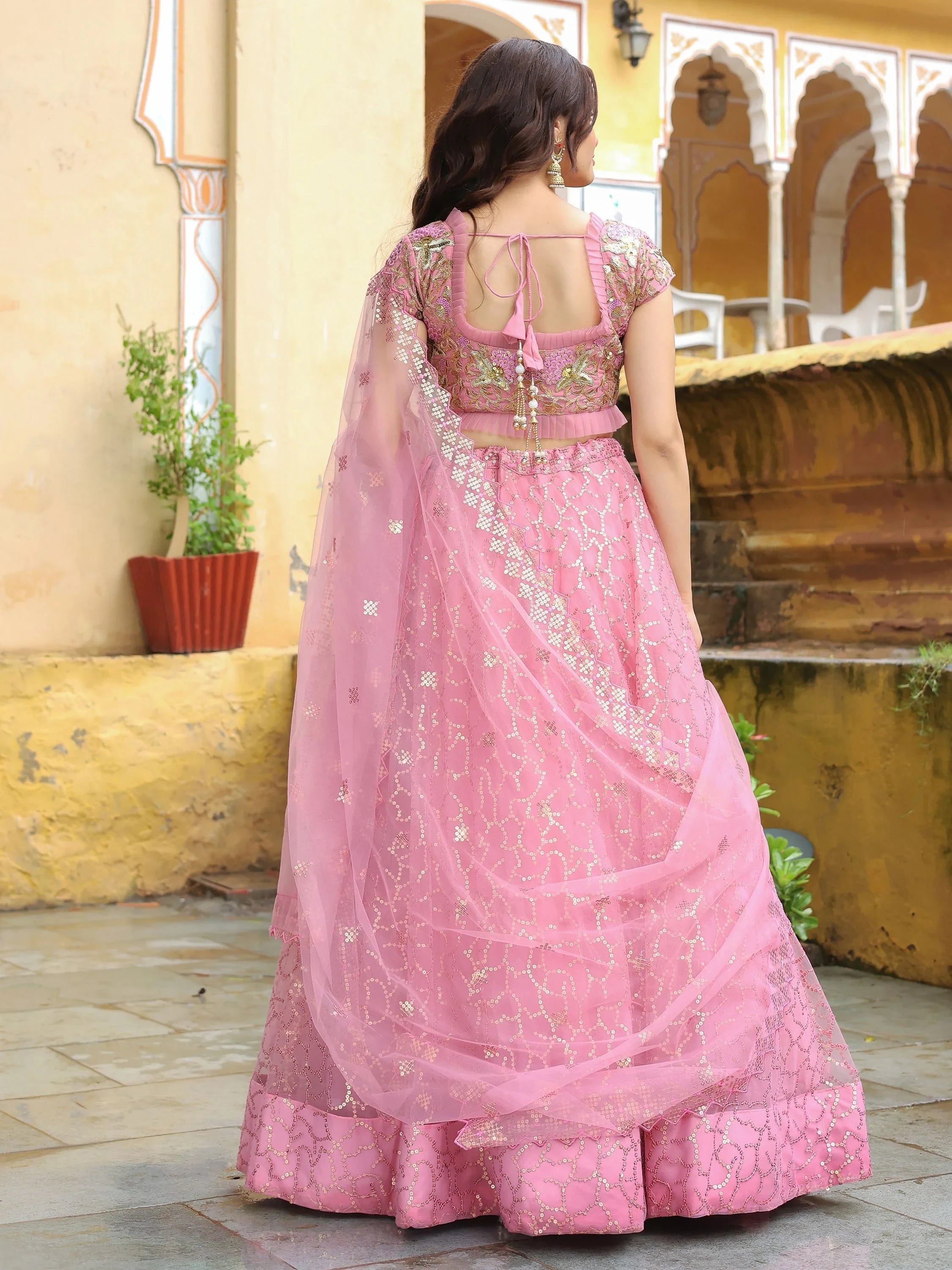 Net lehenga choli with dori thread embroidery and sequins work for wedding and engagement