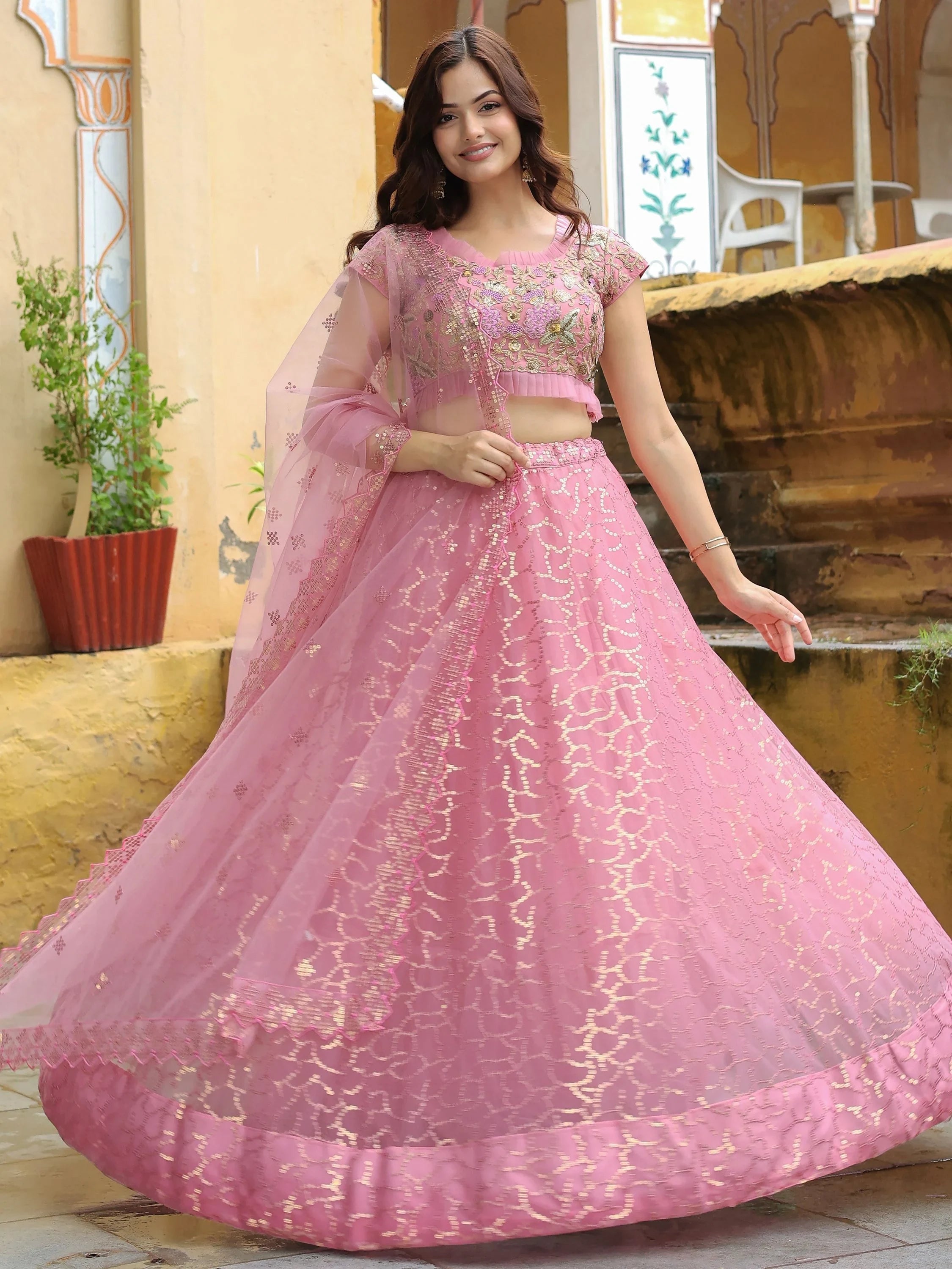 Net lehenga choli with dori thread embroidery and sequins work for wedding and engagement