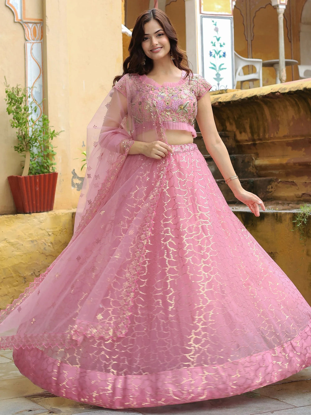 Net lehenga choli with dori thread embroidery and sequins work for wedding and engagement