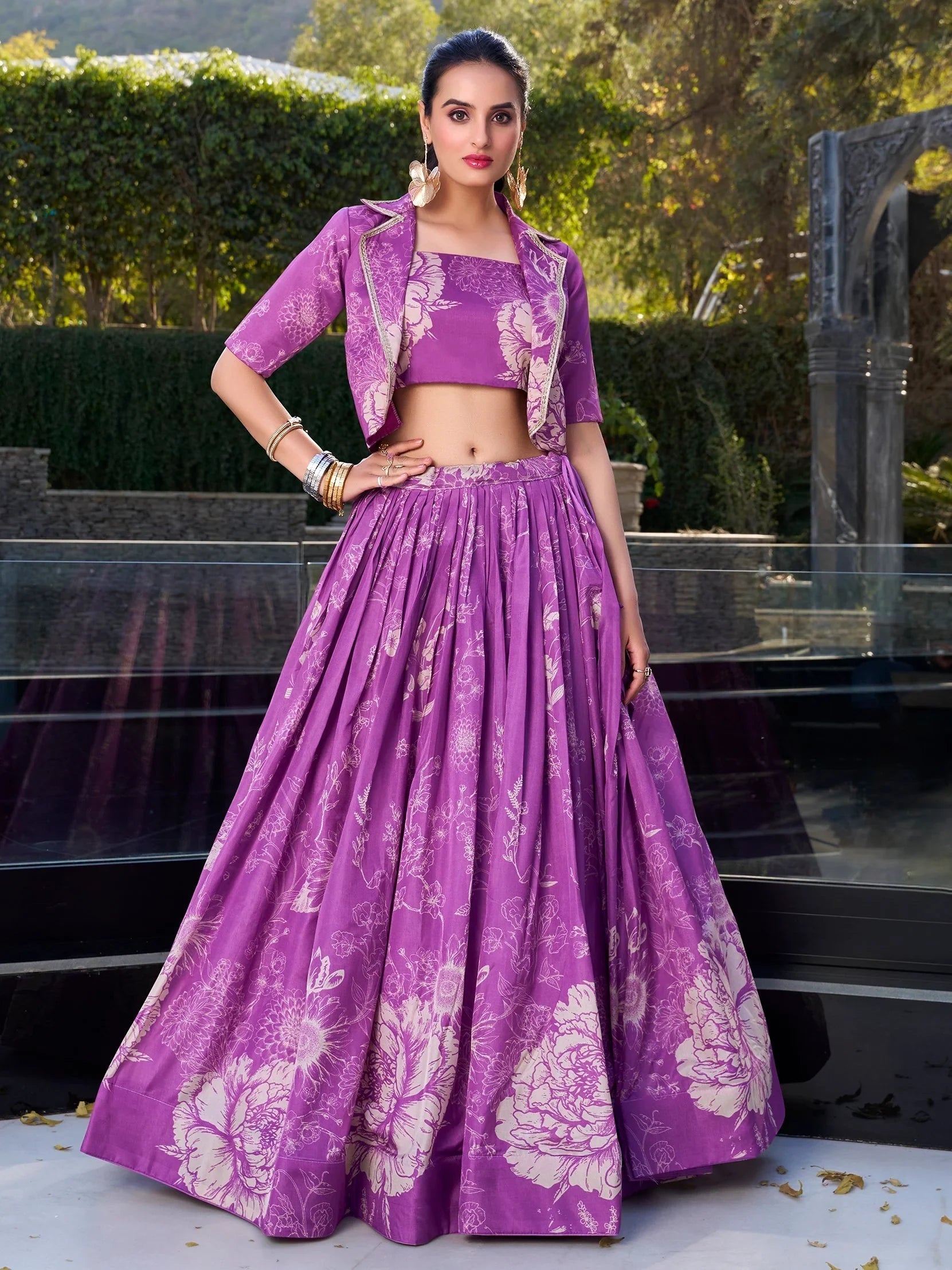 Purple Tussar Silk Printed Cocktail Crop Top Lehenga With Jacket