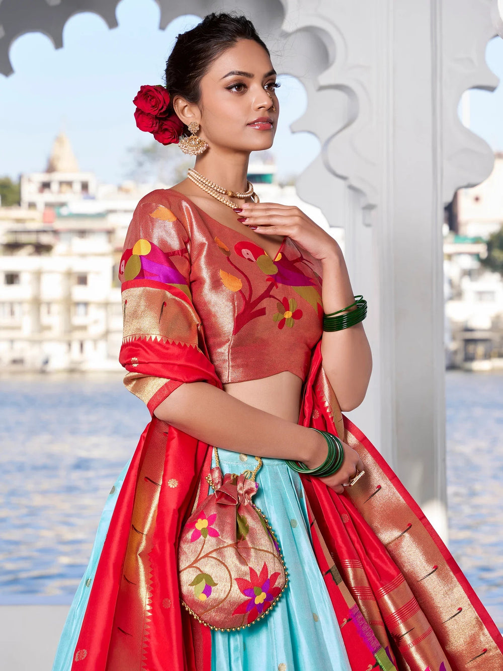 Sky Blue Silk Zari Weaving Paithani Lehenga Choli for Women