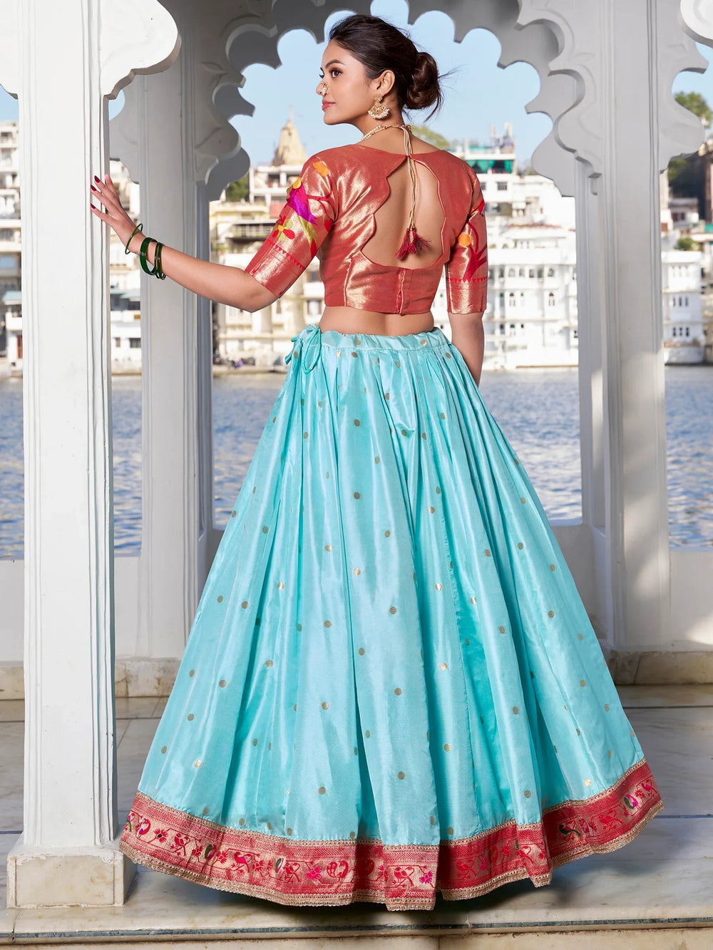 Sky Blue Silk Zari Weaving Paithani Lehenga Choli for Women