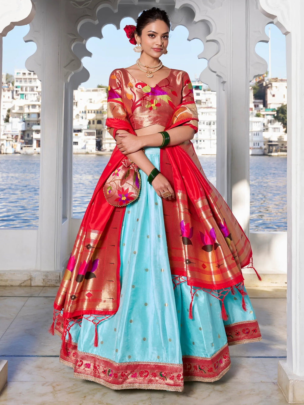 Sky Blue Silk Zari Weaving Paithani Lehenga Choli for Women