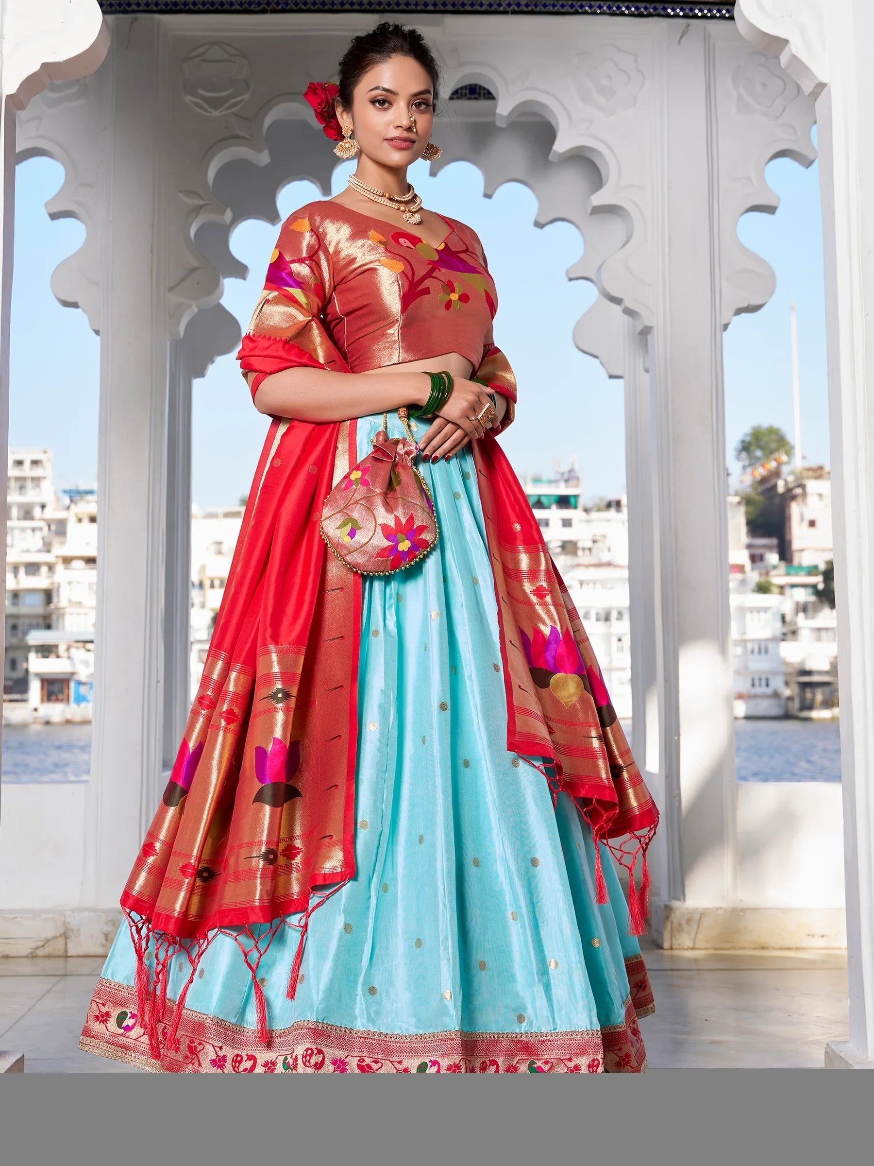 Sky Blue Silk Zari Weaving Paithani Lehenga Choli for Women