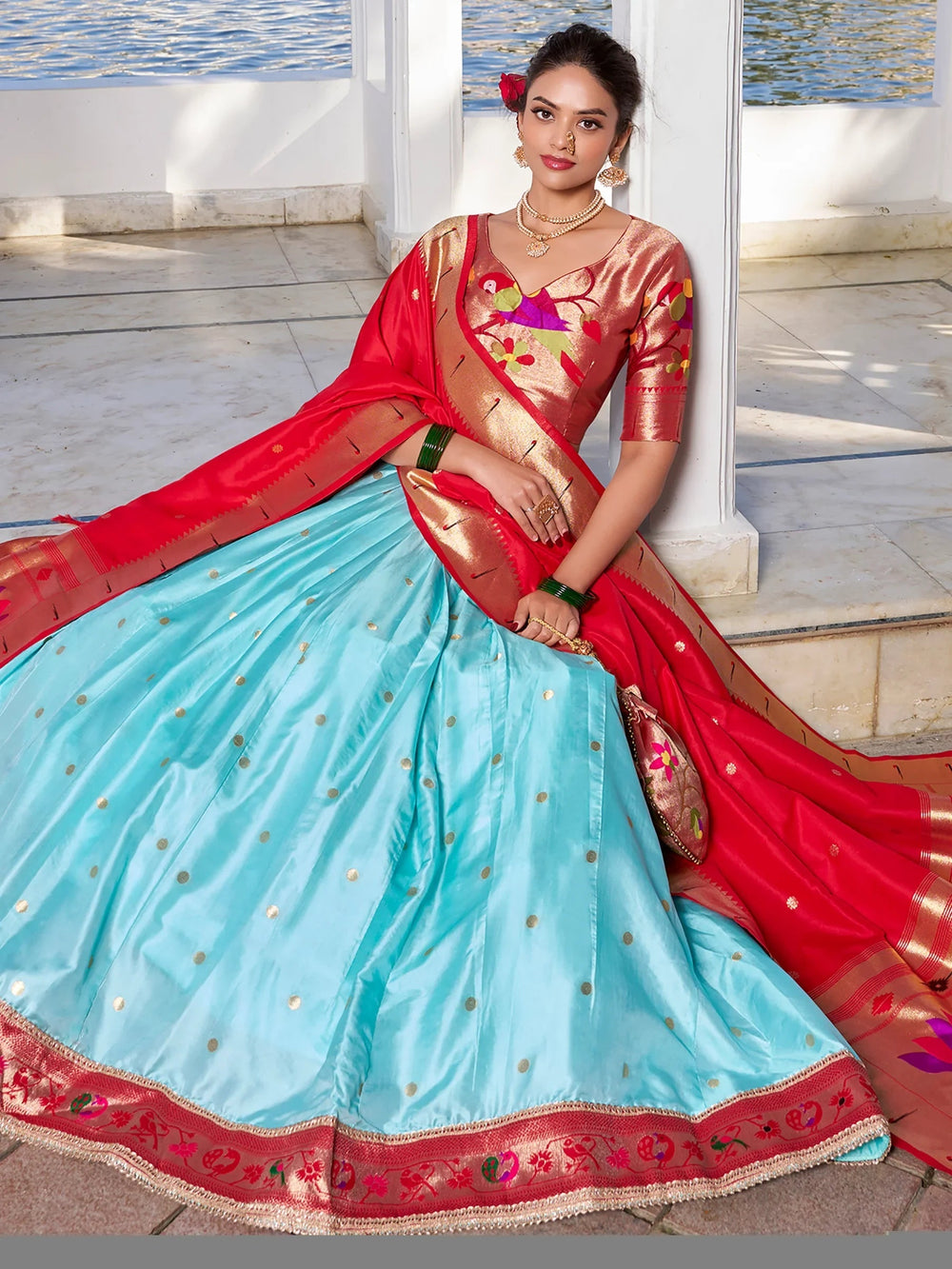 Sky Blue Silk Zari Weaving Paithani Lehenga Choli for Women